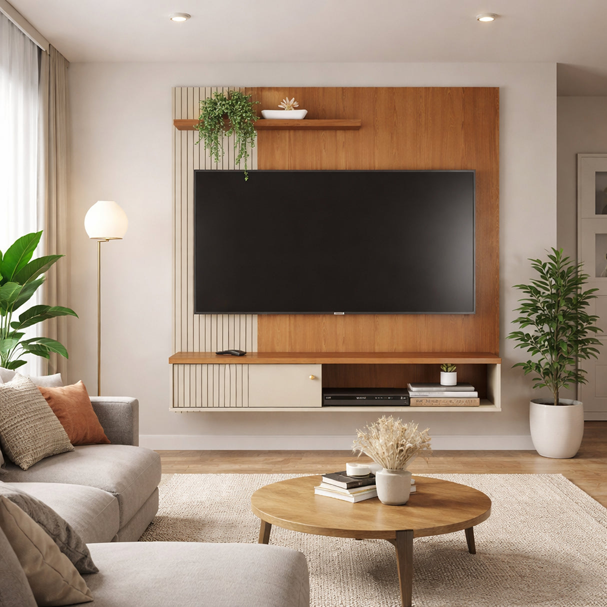 Panel de TV Aura Almendra y Blanco 160.5x162cm para TV Hasta 65" Pulgadas con Dos Compartimientos