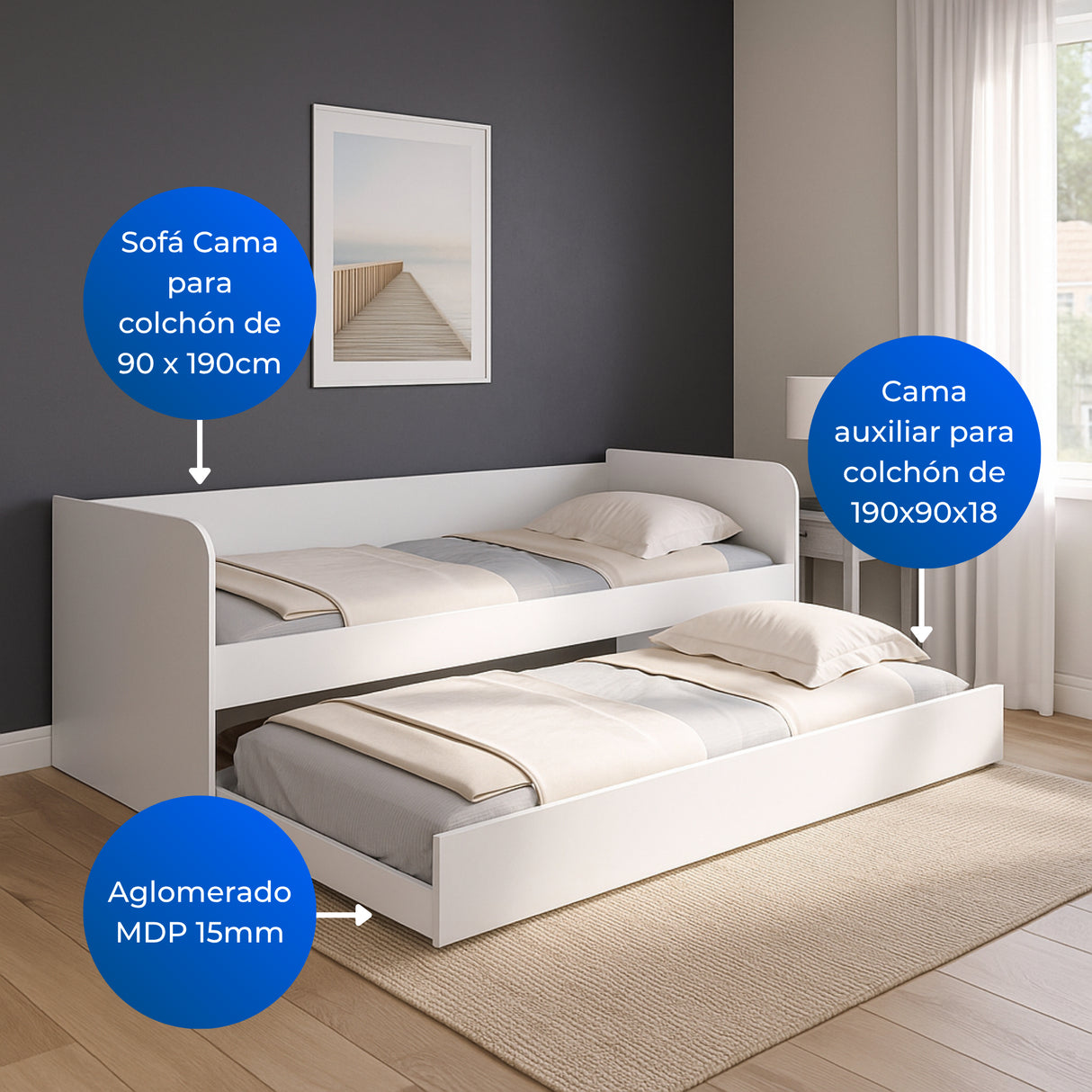 Cama Transformable Atlanta Blanco 193x68cm para Colchon Sencillo 90 X 190 Cm