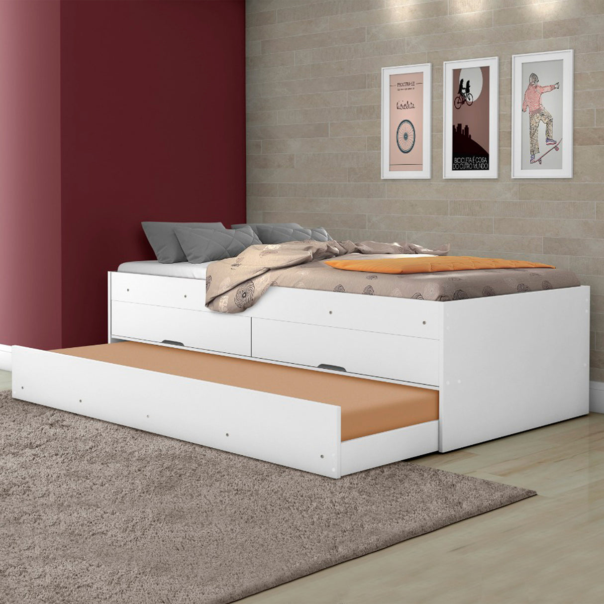 Cama Mar Blanco 95x60cm para Colchon Sencillo 90 X 190 Cm con Cabecero y con Almacenamiento