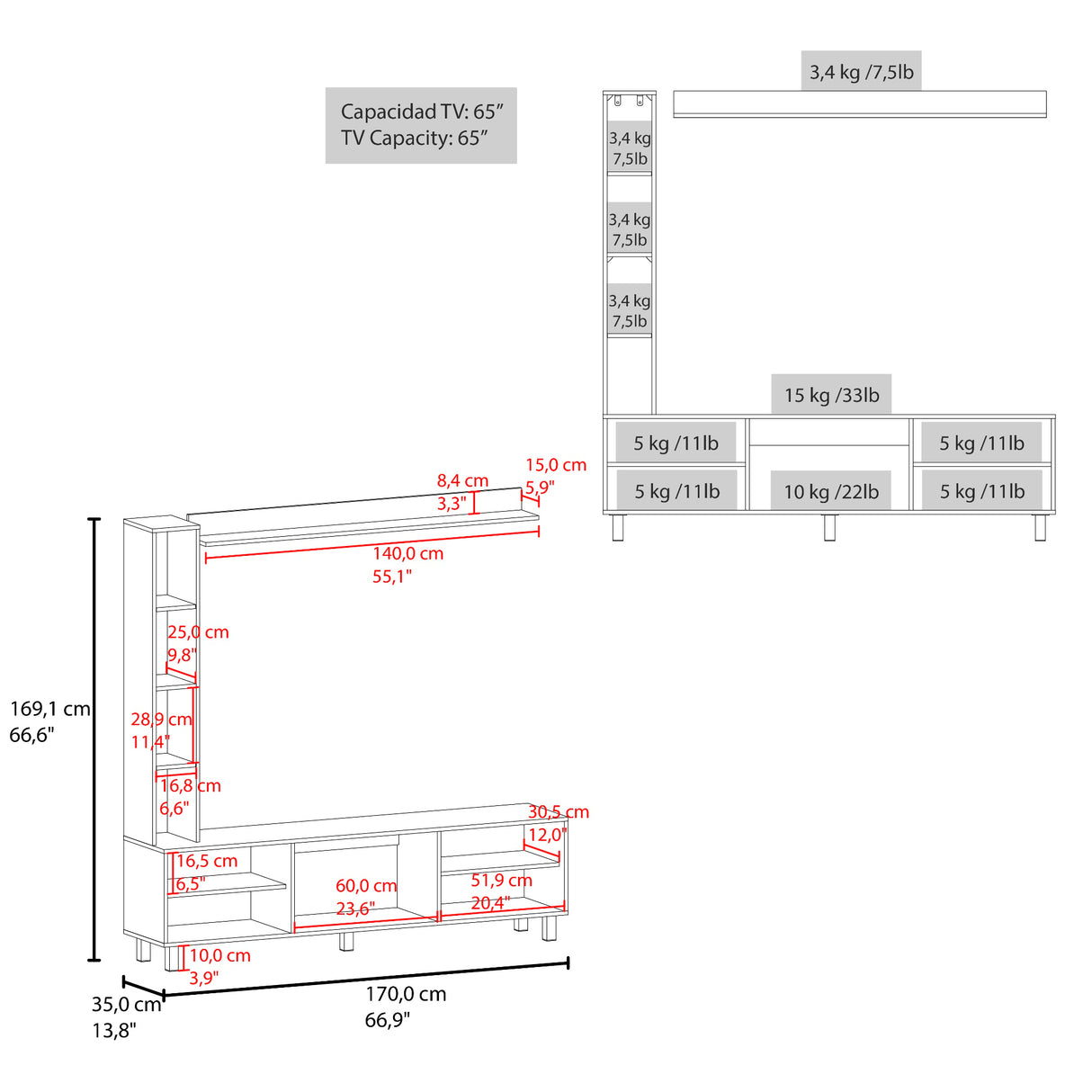 Centro de Entretenimiento Scio Fresno Europeo 170x169.1cm para TV Hasta 65" Pulgadas con Nueve Compartimientos