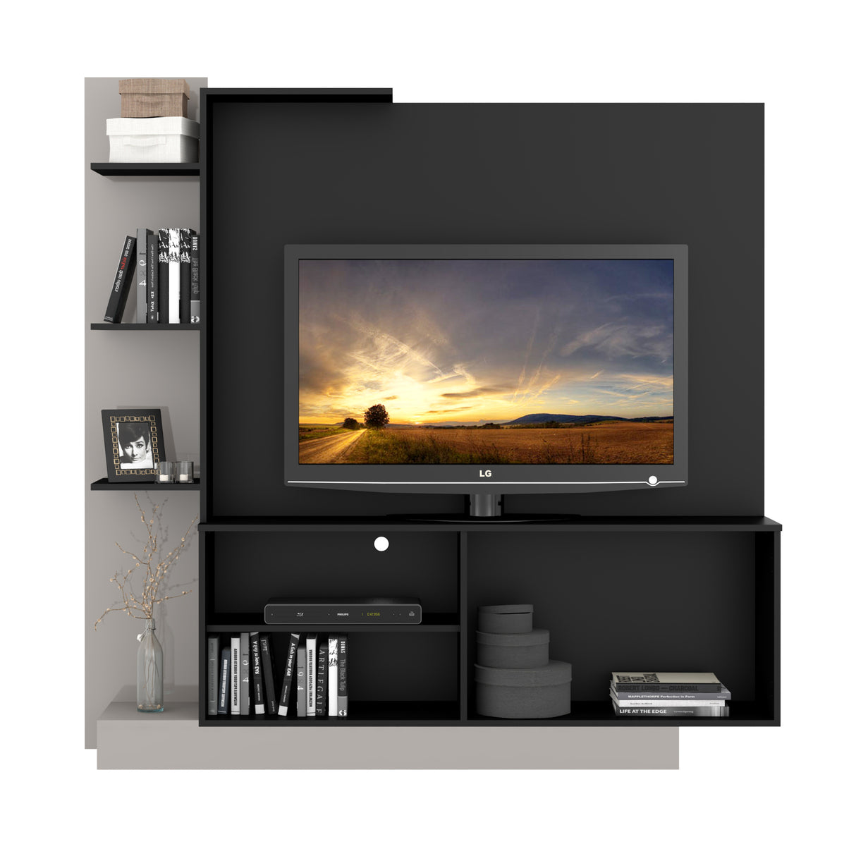 Centro de Entretenimiento Colon Negro 165x164cm para TV Hasta 50" Pulgadas con Tres Compartimientos