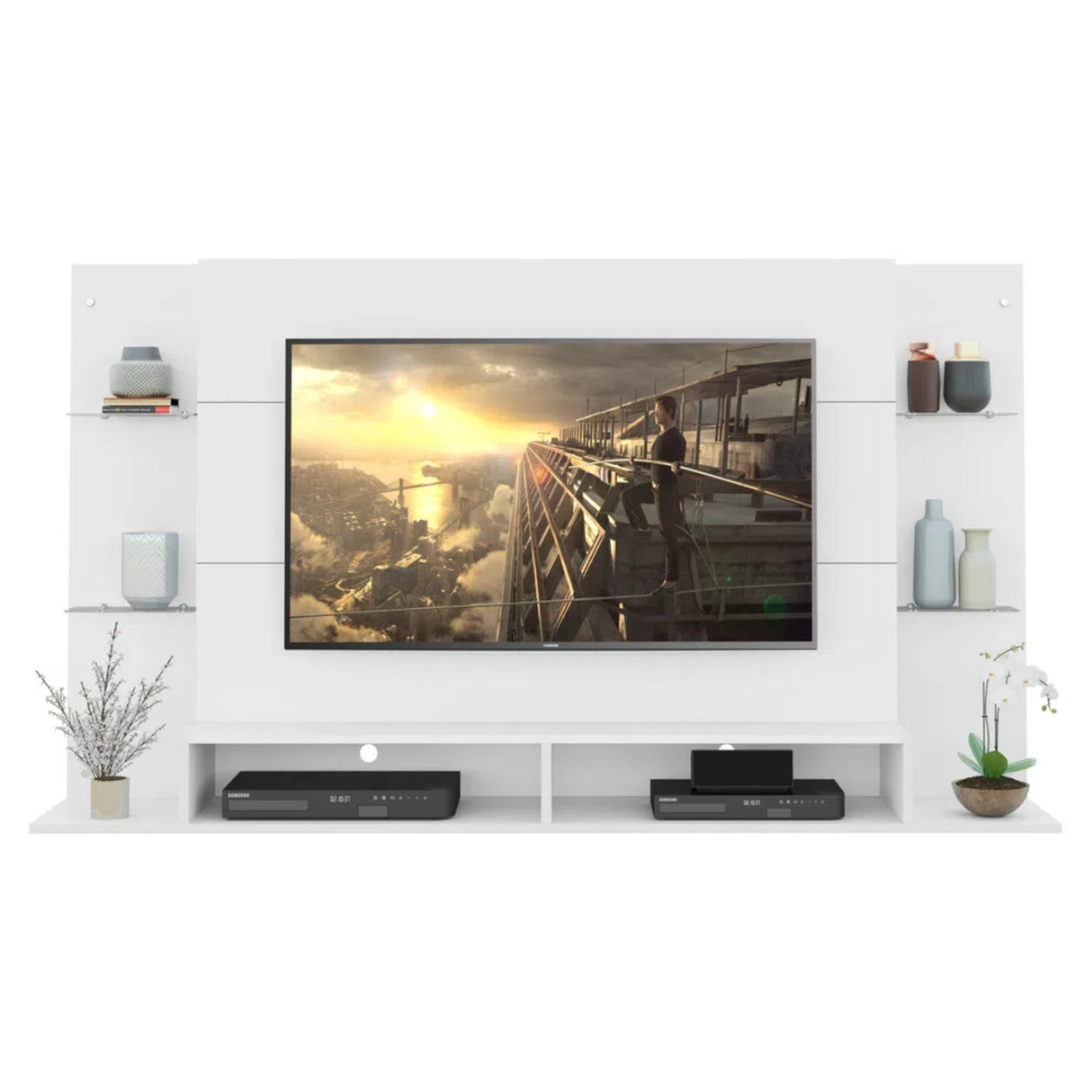 Panel de TV Braga Blanco 191x108cm para TV Hasta 55" Pulgadas con Dos Compartimientos