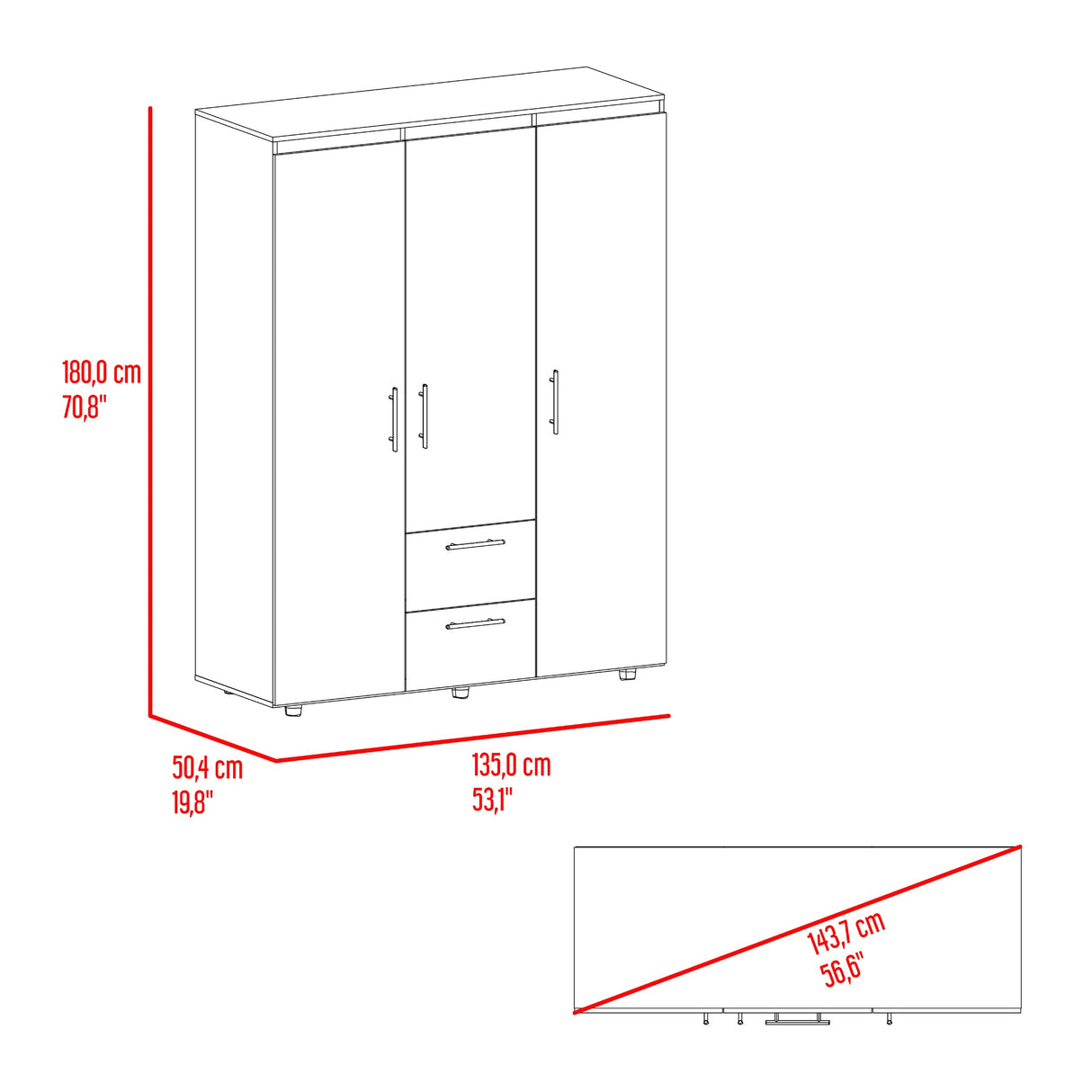 Closet Baru Wengue 135x180cm con Tres Puertas y con Dos Cajones