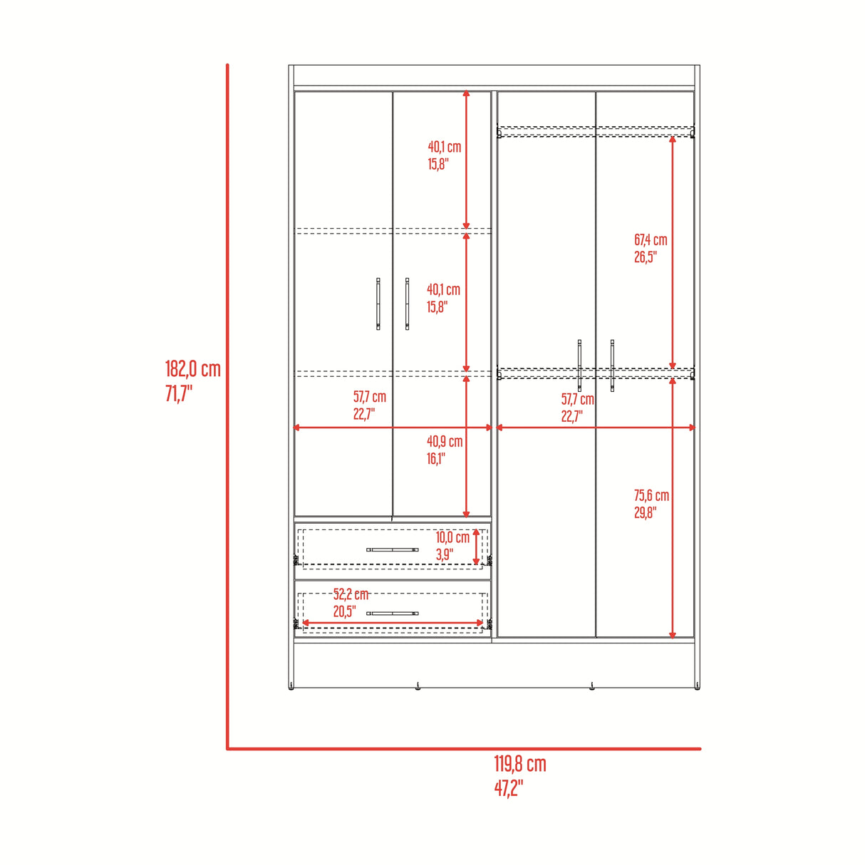 Closet Sarani Wengue 119.8x182cm con Cuatro Puertas y con Dos Cajones