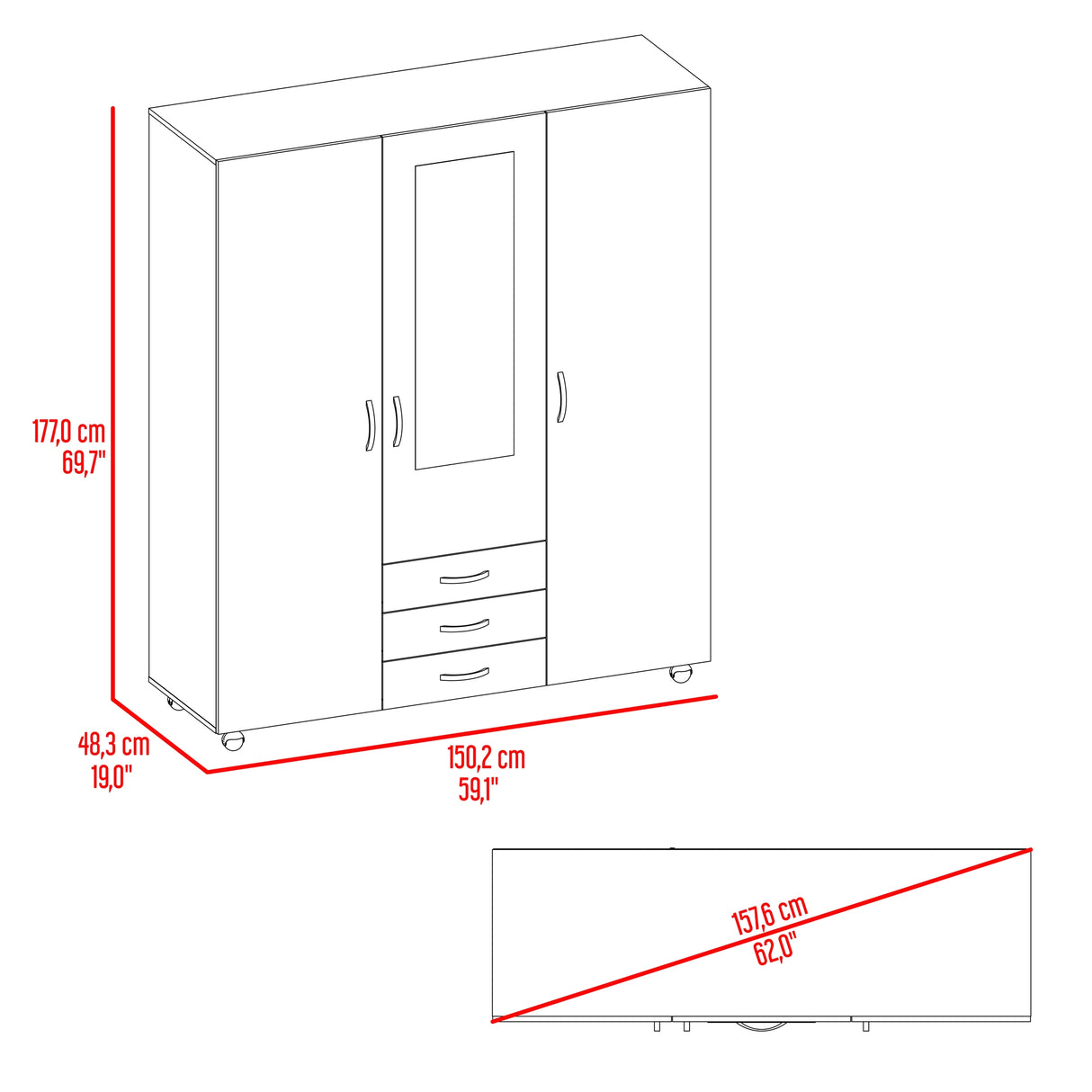 Closet Luciano Wengue 150.1x177cm con Tres Puertas y con Tres Cajones