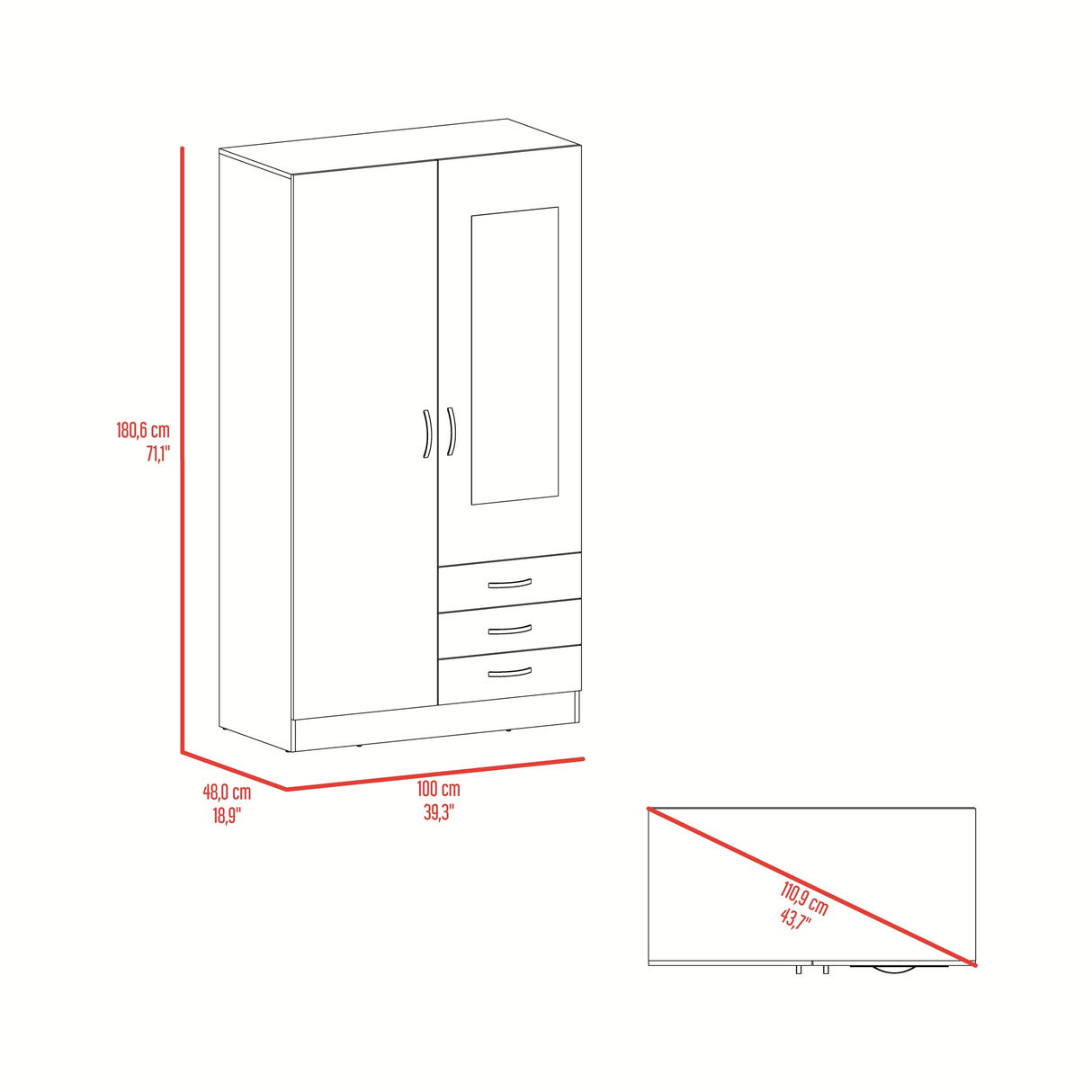 Closet Marfil Wengue 100x180.6cm con Dos Puertas y con Tres Cajones