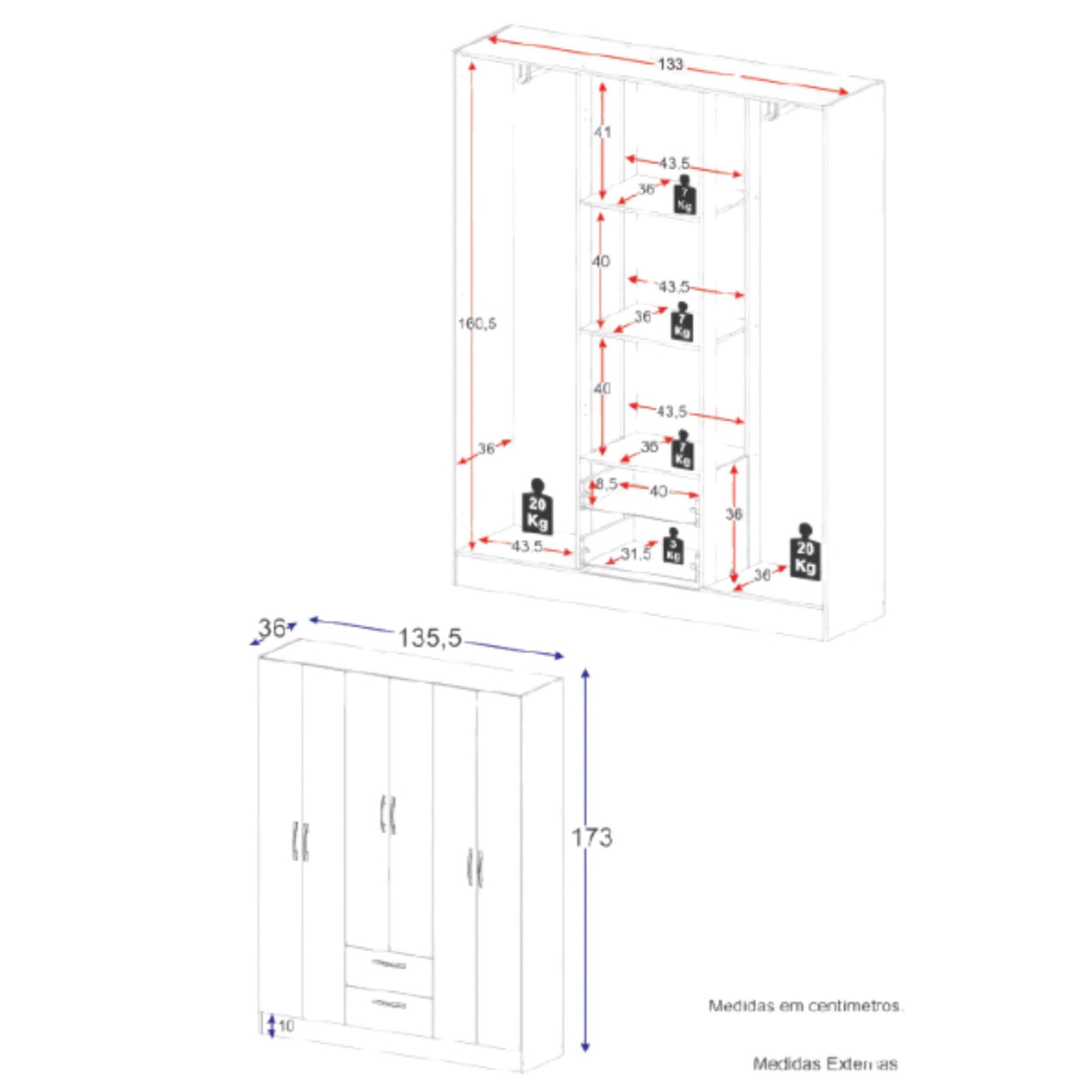 Closet Essence Blanco 135x173cm con Seis Puertas y con Dos Cajones