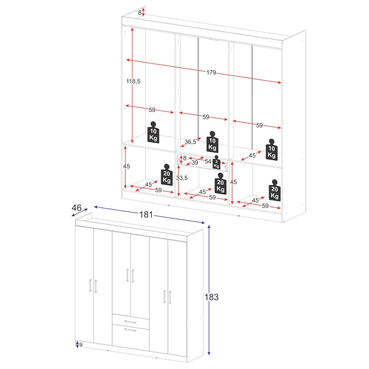 Closet Nova Castaño 181x183cm con Seis Puertas y con Un Cajón