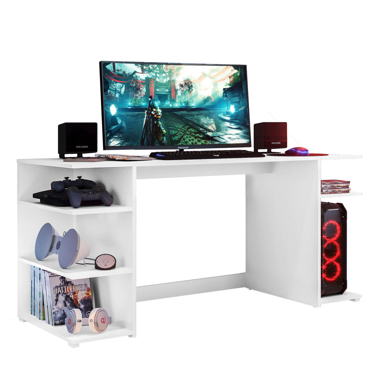 Escritorio Gamer Blanco 136x74cm con Organizador de Libros