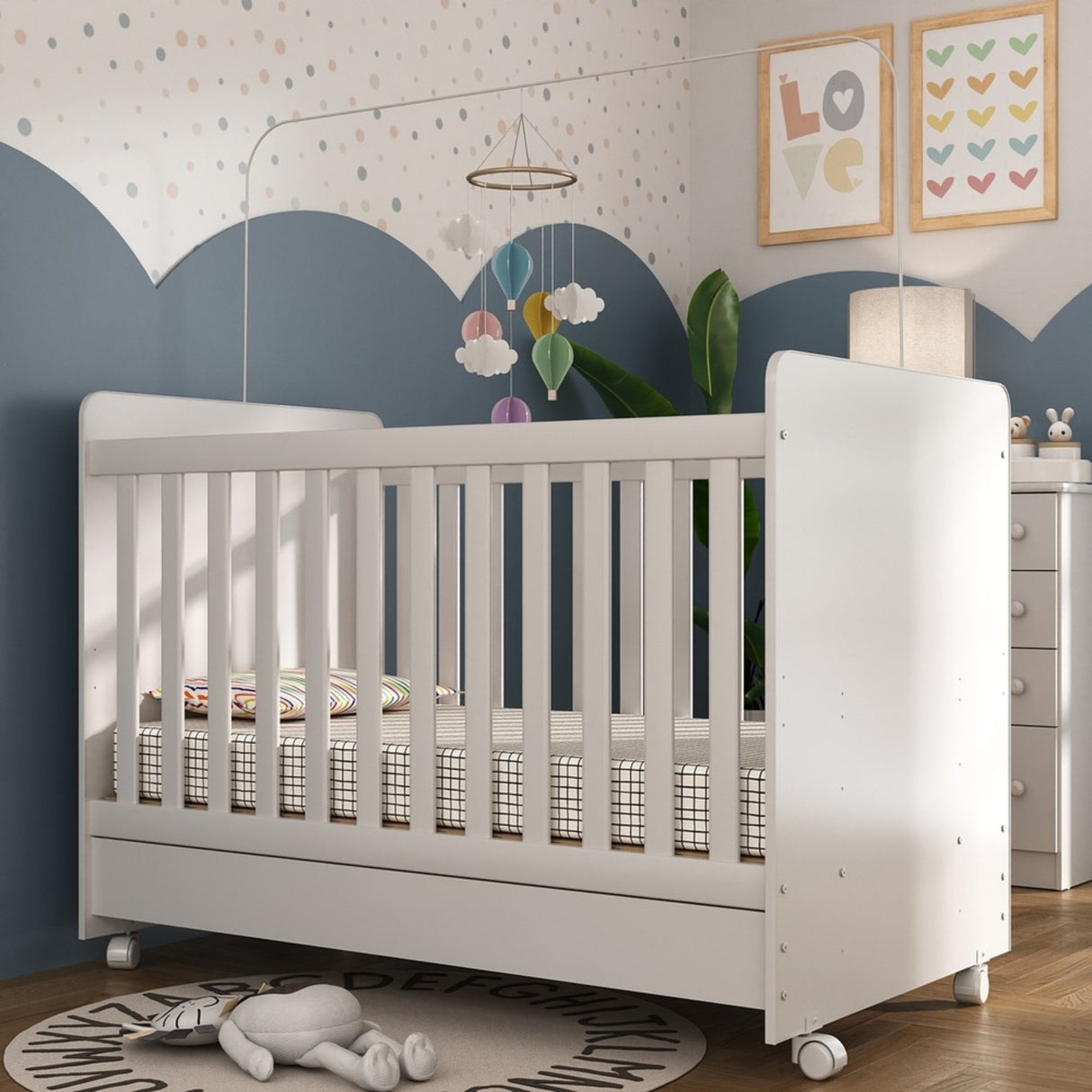 Cuna 3 en 1 Bunny Blanco 78x98cm para colchón Infantil 70 X 130 Cm con Cabecero y con Colchón