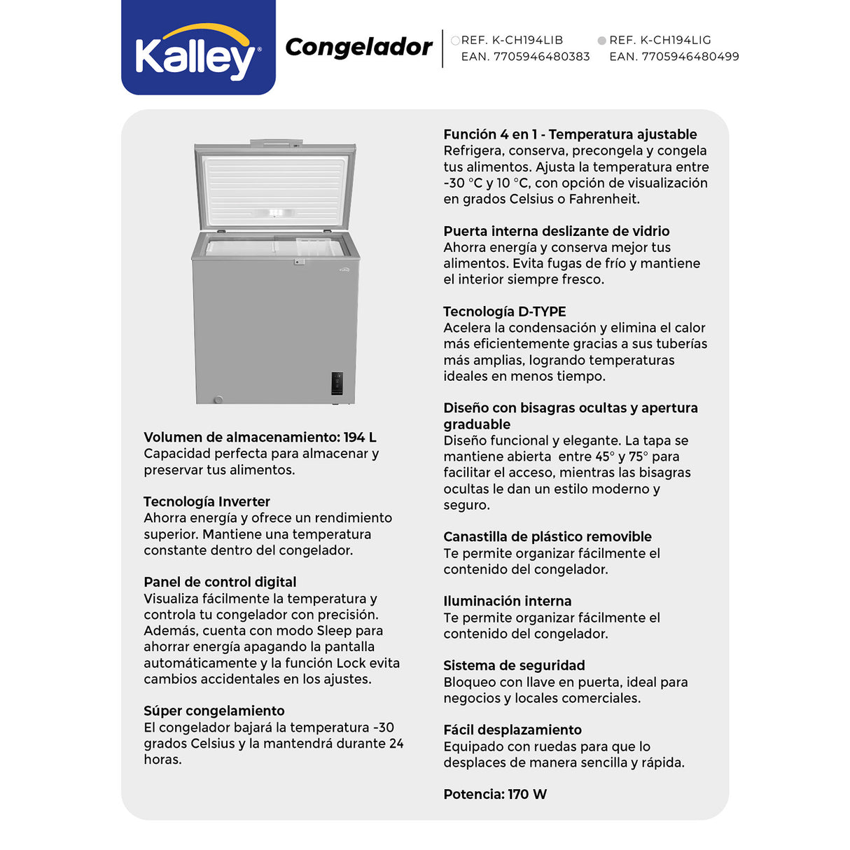 Congelador Kalley Inverter Dual Gris 55x85cm de 194 Litros con Iluminación Interna