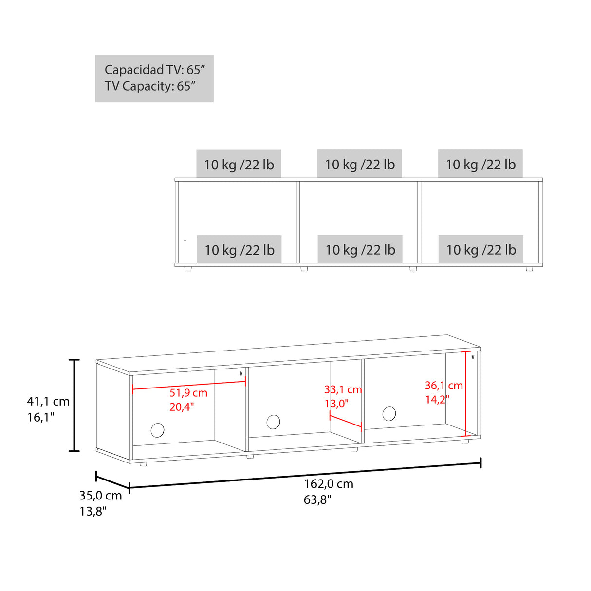 Rack de TV Dorne Positano 162x41.1cm para TV Hasta 65" Pulgadas con Dos Compartimientos y con Ranura para Cables