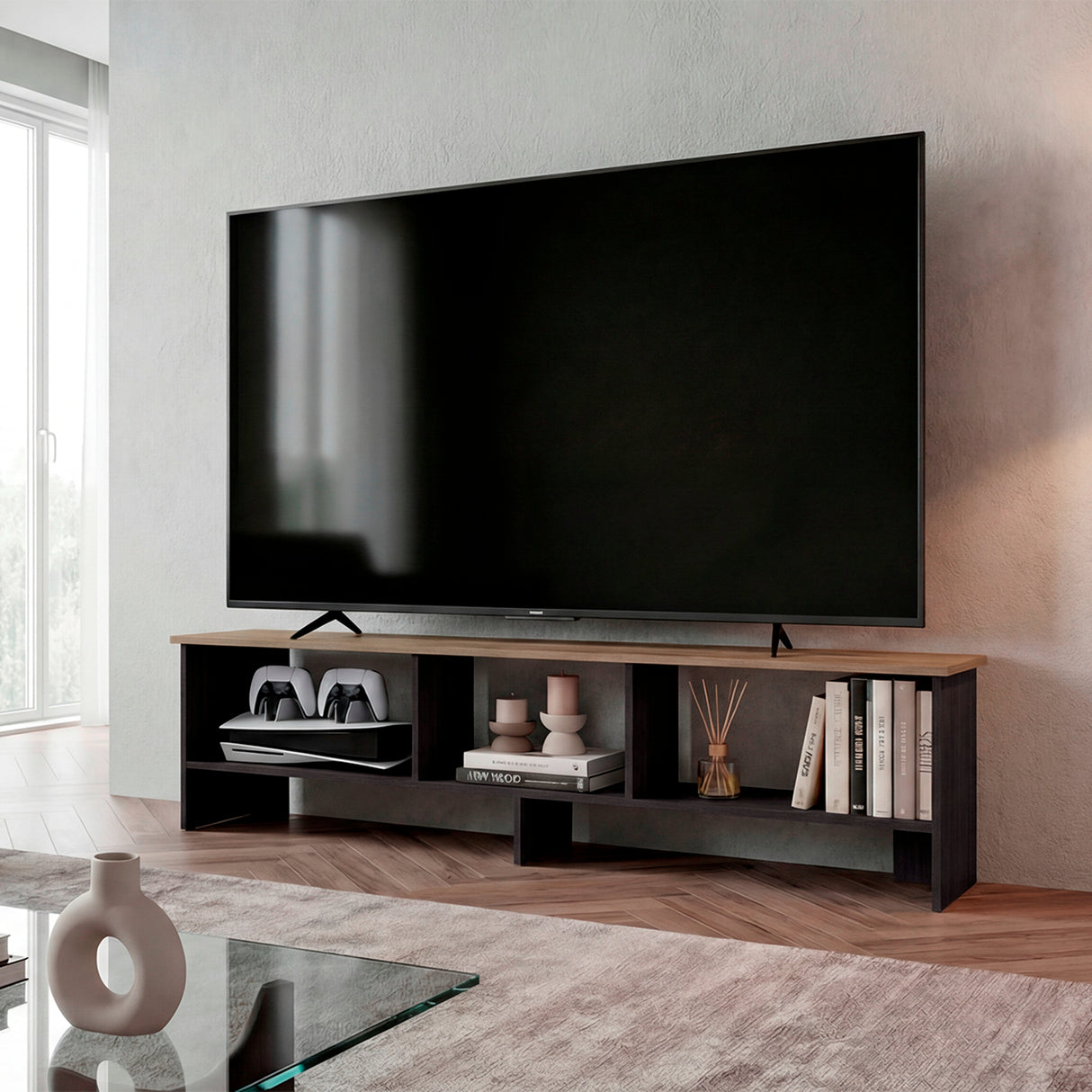 Rack de TV Belga Wengue y Fresno Europeo 160x41.8cm para TV Hasta 65" Pulgadas con Tres Compartimientos