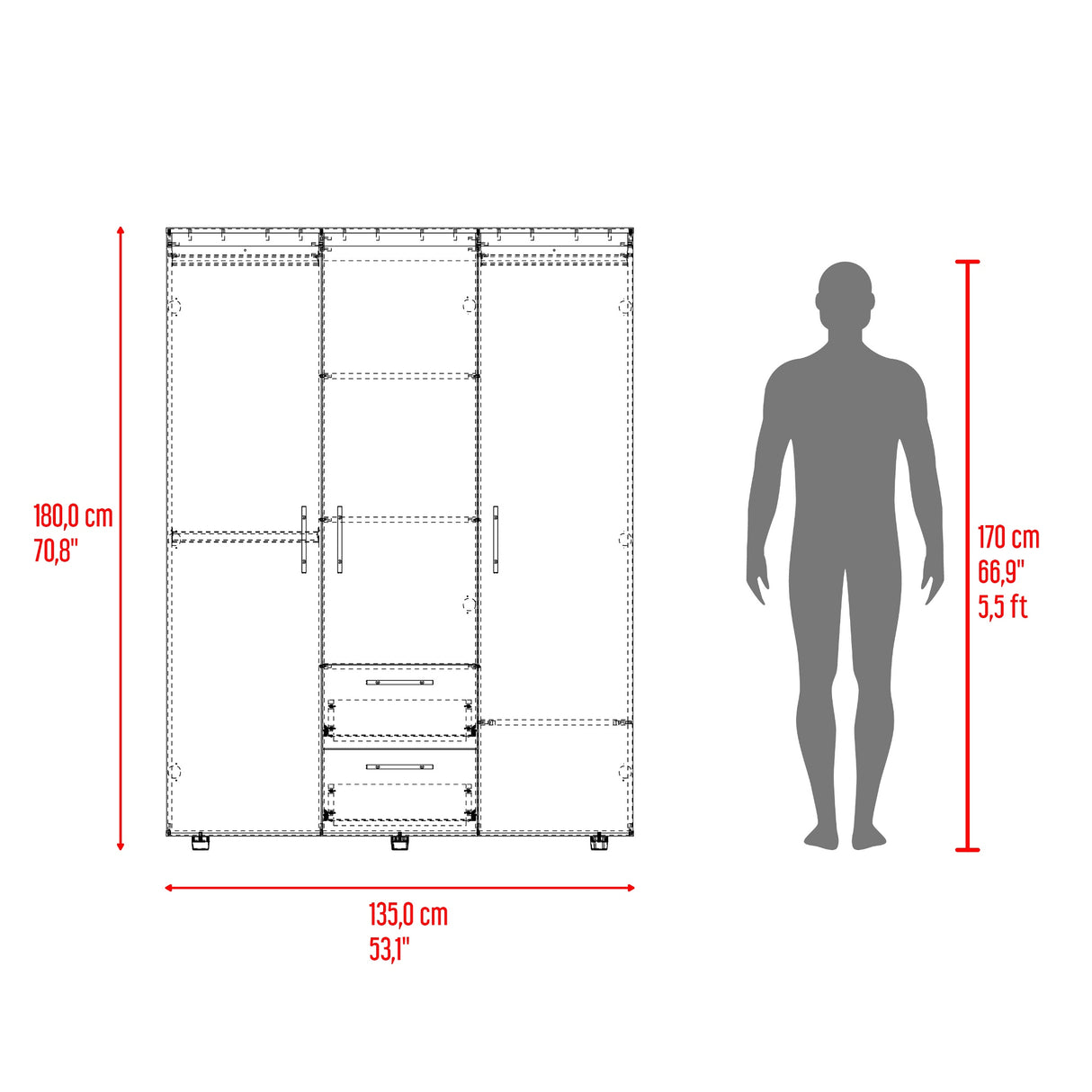 Closet Baru Lite Milan 135x180cm con Tres Puertas y con Dos Cajones