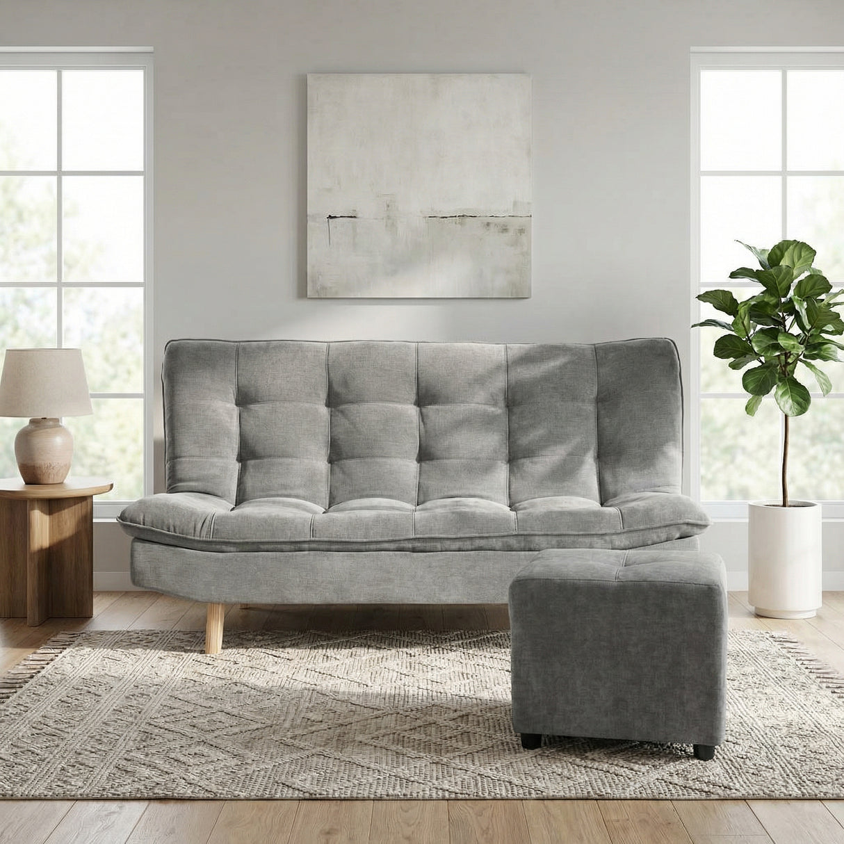 Combo Sofá Cama y Puff Bilbao Plata 120x93cm de Tres Puestos Reclinable Antifluido sin Apoya Brazos