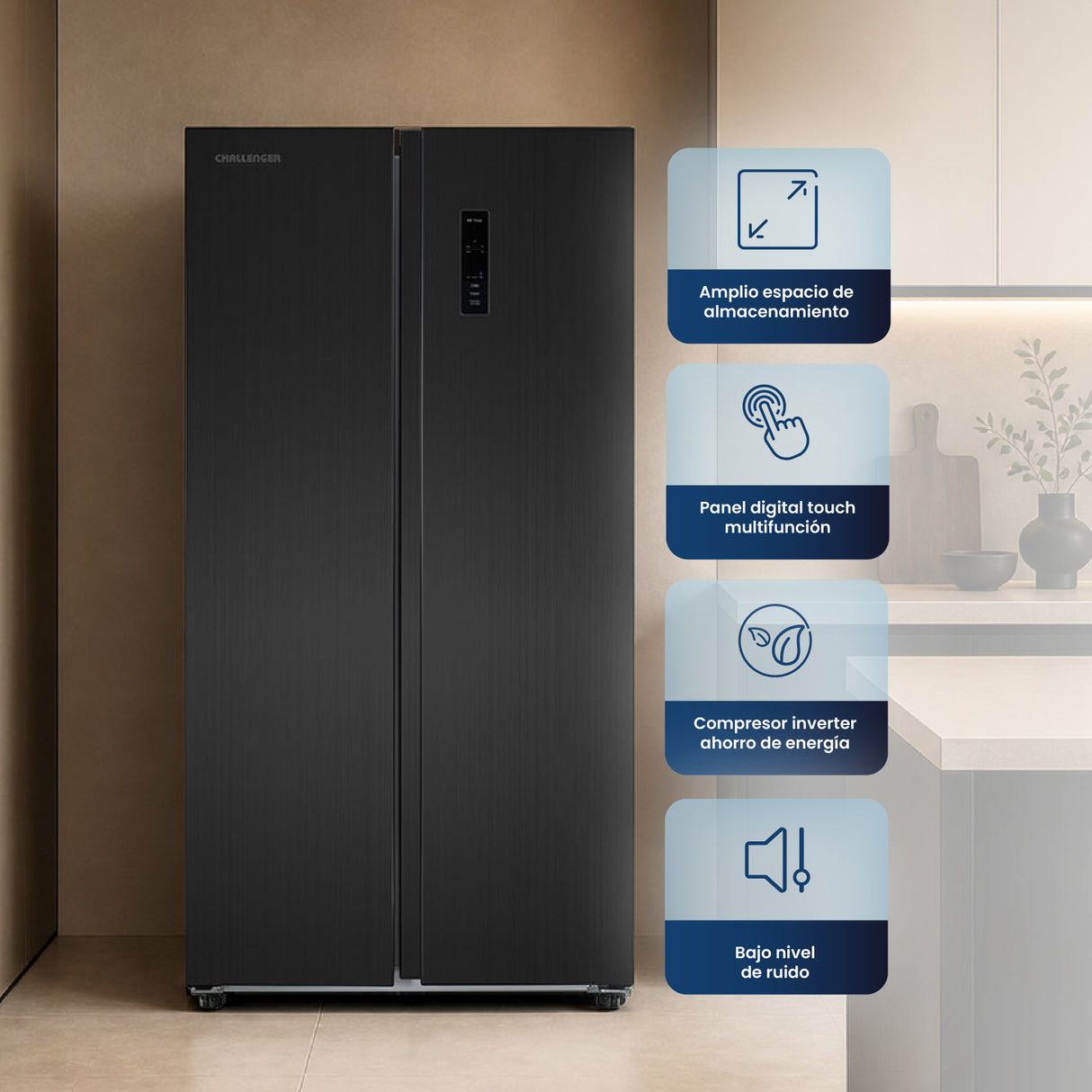 Nevecón No Frost Challenger Side by Side Inverter Dark Inox 84x176.5cm de 430 Litros con Pantalla Digital