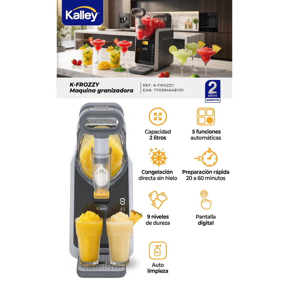 Maquina para Granizados Kalley Gris 23x48cm de 2 Litros con Cinco Funciones Preconfiguradas
