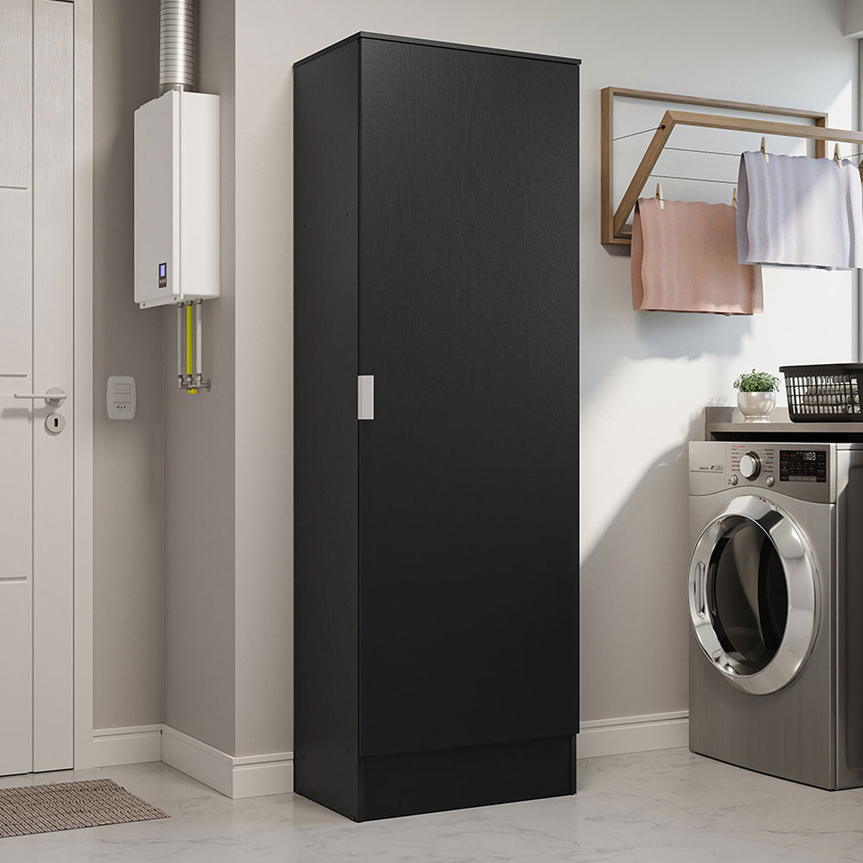 Mueble Multiusos para Aseo Negro 60x182cm con Puerta y con Siete Compartimientos