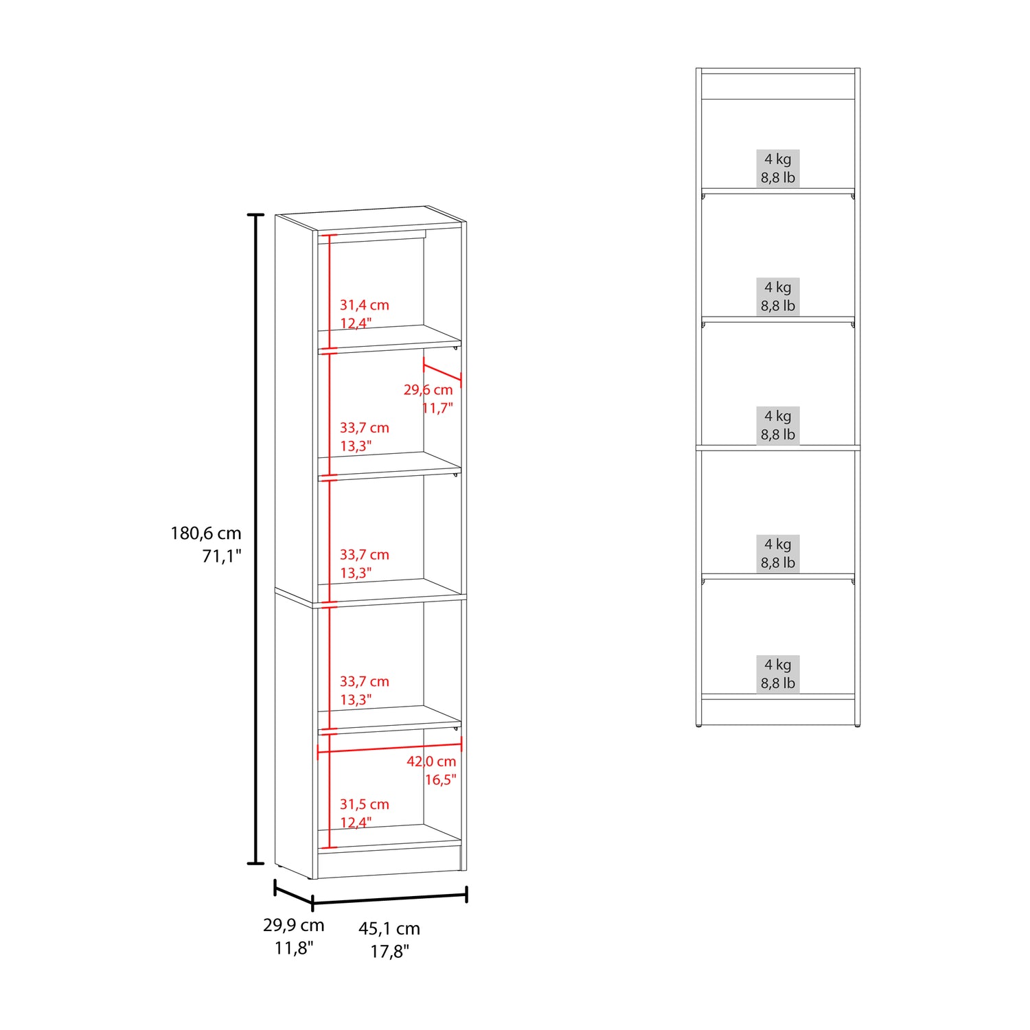 Estantería E-M2 Cartagena y Wengue 45x180.6cm con Cinco Compartimientos y con Tres Entrepaños