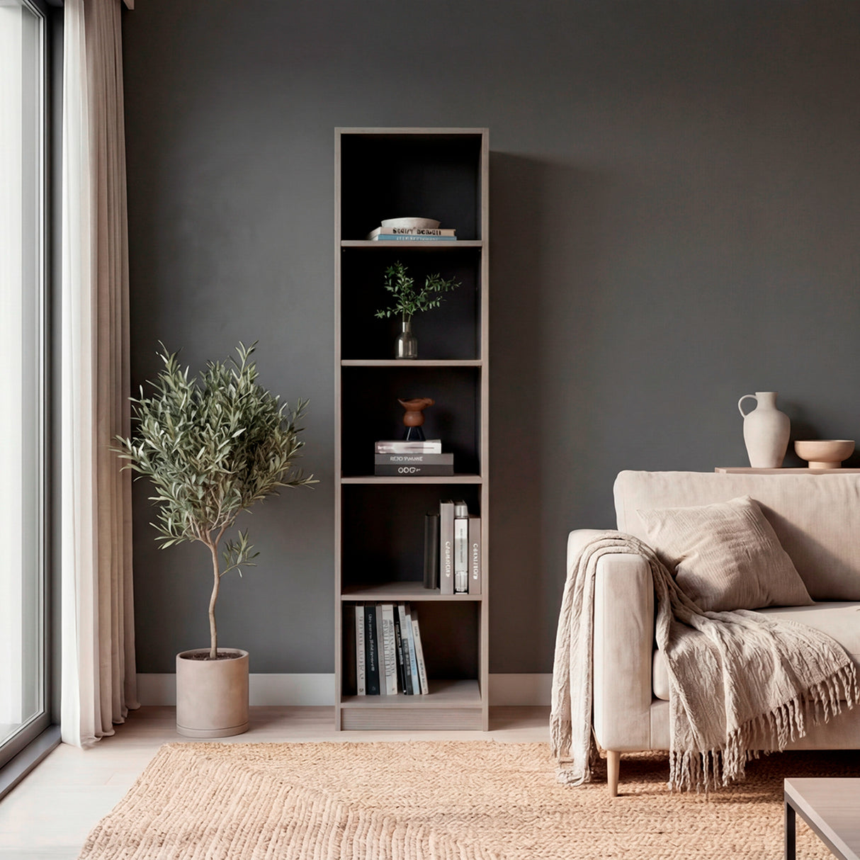 Estantería E-M2 Gris Positano y Wengue 45x180.6cm con Cinco Compartimientos y con Tres Entrepaños