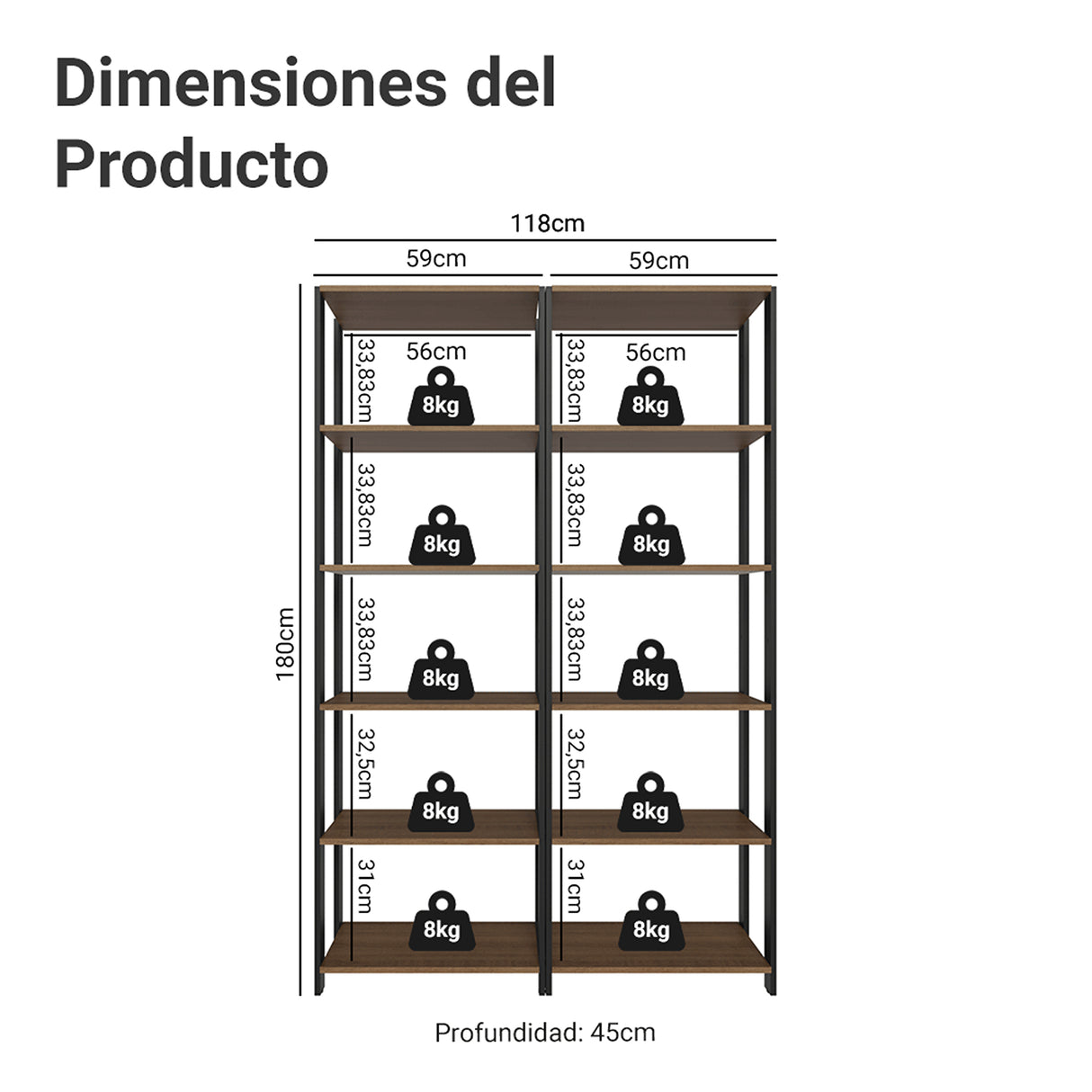 Estantería Marrón y Negro 118x180cm con Diez Compartimientos y con Diez Entrepaños de Resistencia 8 KG cada uno
