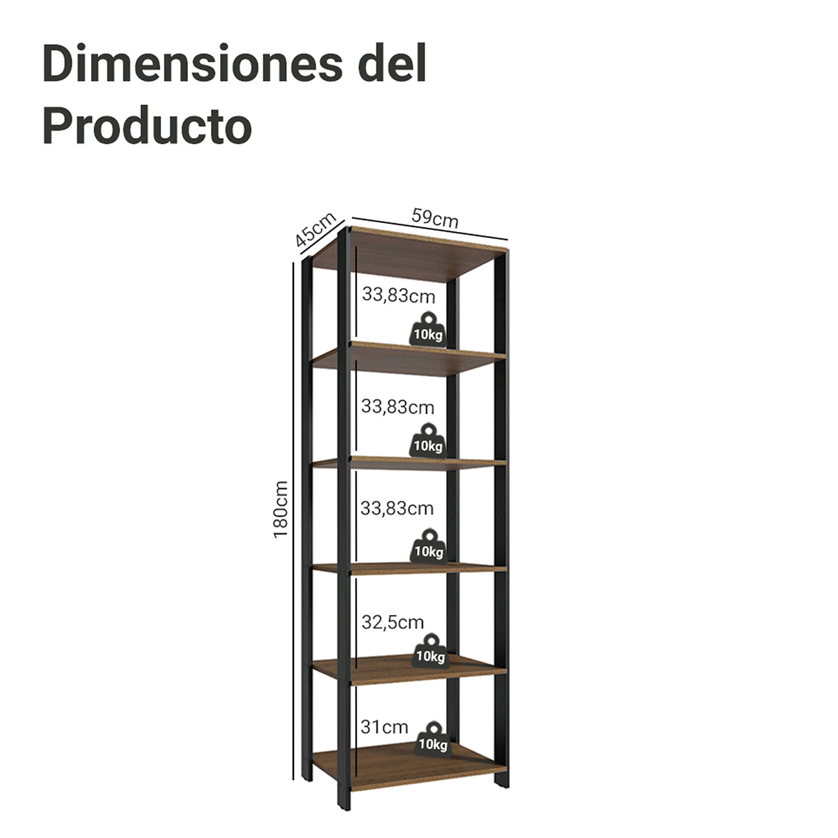 Estantería Marrón y Negro 59x180cm con Cinco Compartimientos y con Cinco Entrepaños de Resistencia 10 KG cada uno
