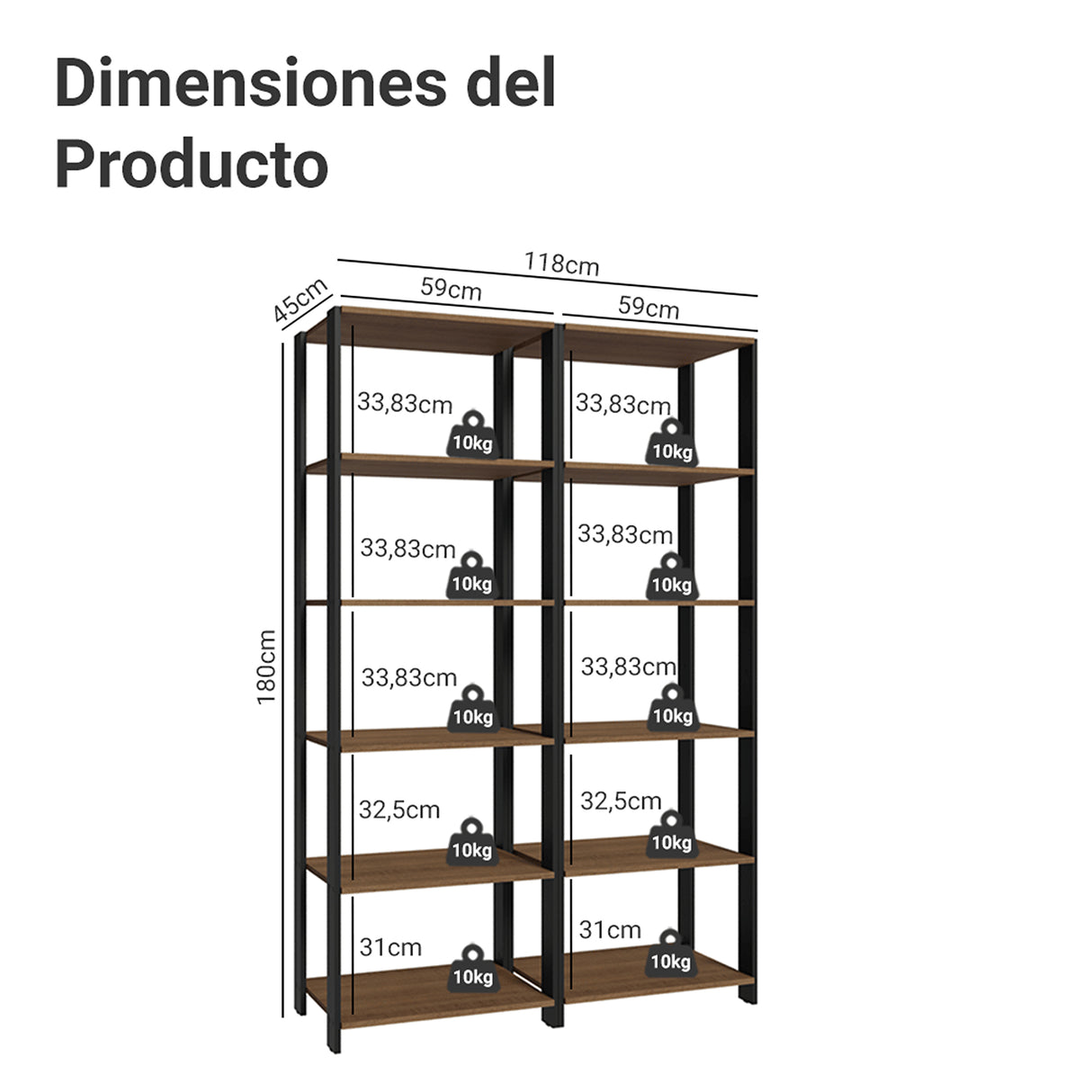 Estantería Marrón y Negro 118x180cm con Diez Compartimientos y con Diez Entrepaños de Resistencia 10 KG cada uno