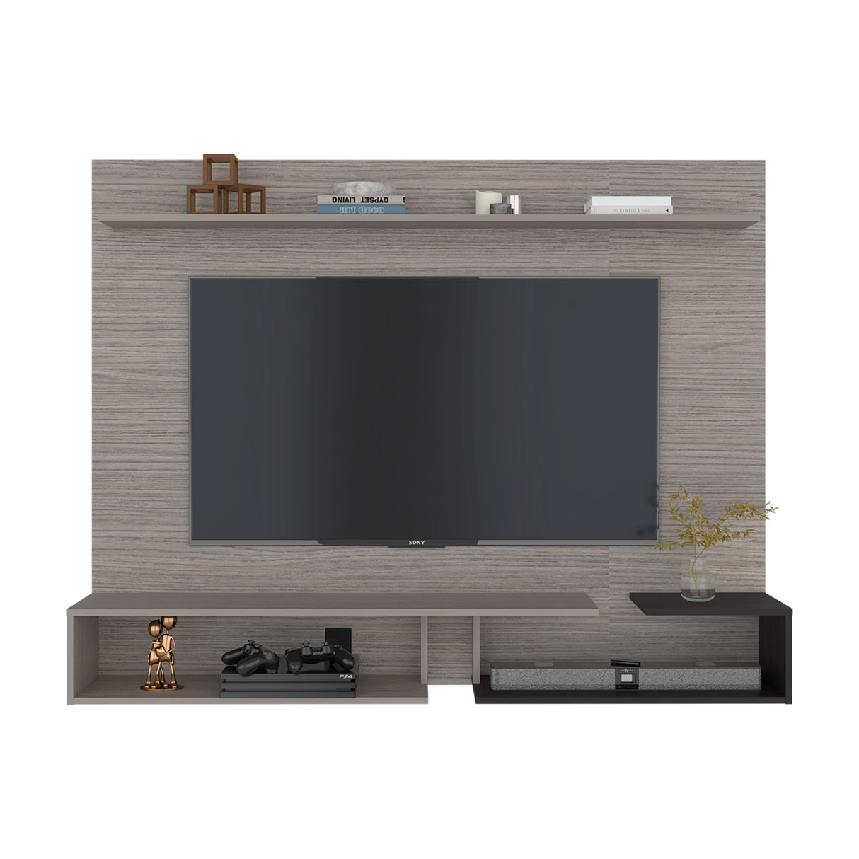 Panel de TV Desa Gris Positano y Wengue 164.2x128cm Flotante para TV Hasta 65" Pulgadas con Dos Compartimientos