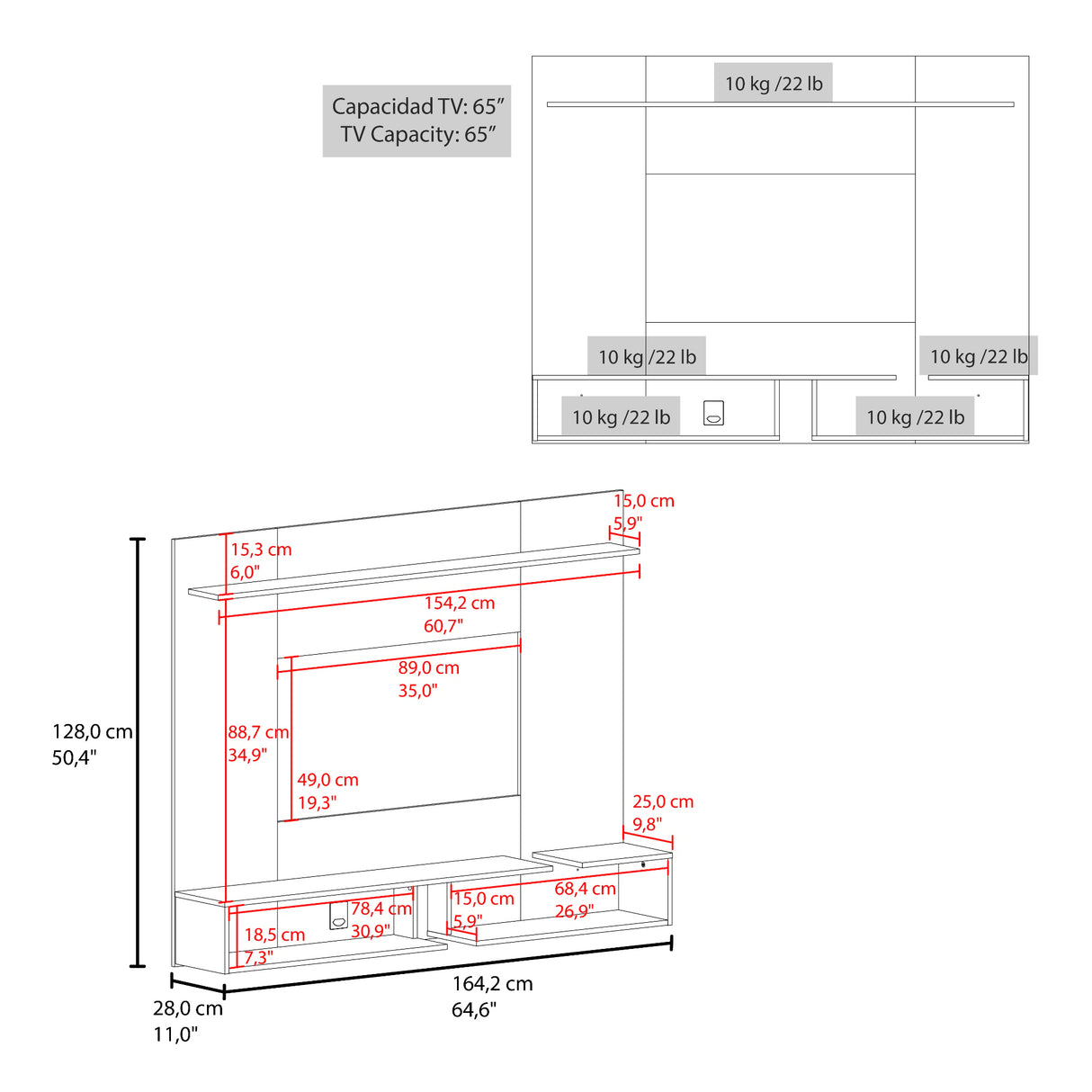 Panel de TV Desa Gris Positano y Wengue 164.2x128cm Flotante para TV Hasta 65" Pulgadas con Dos Compartimientos