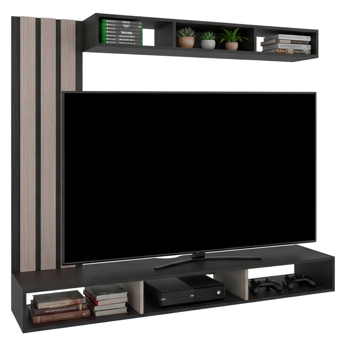 Panel de TV Joice Wengue y Gris Positano 160x138.2cm Flotante para TV Hasta 65" Pulgadas con Seis Compartimientos