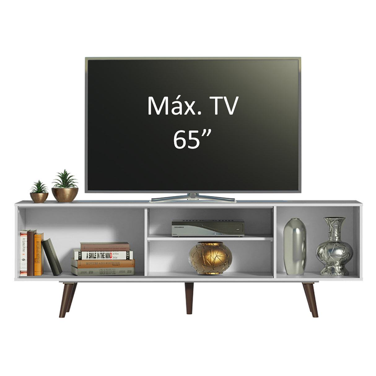 Centro de Entretenimiento Dubai Blanco 160x53cm para TV Hasta 65" Pulgadas con Cuatro Compartimientos y con Patas Marrón