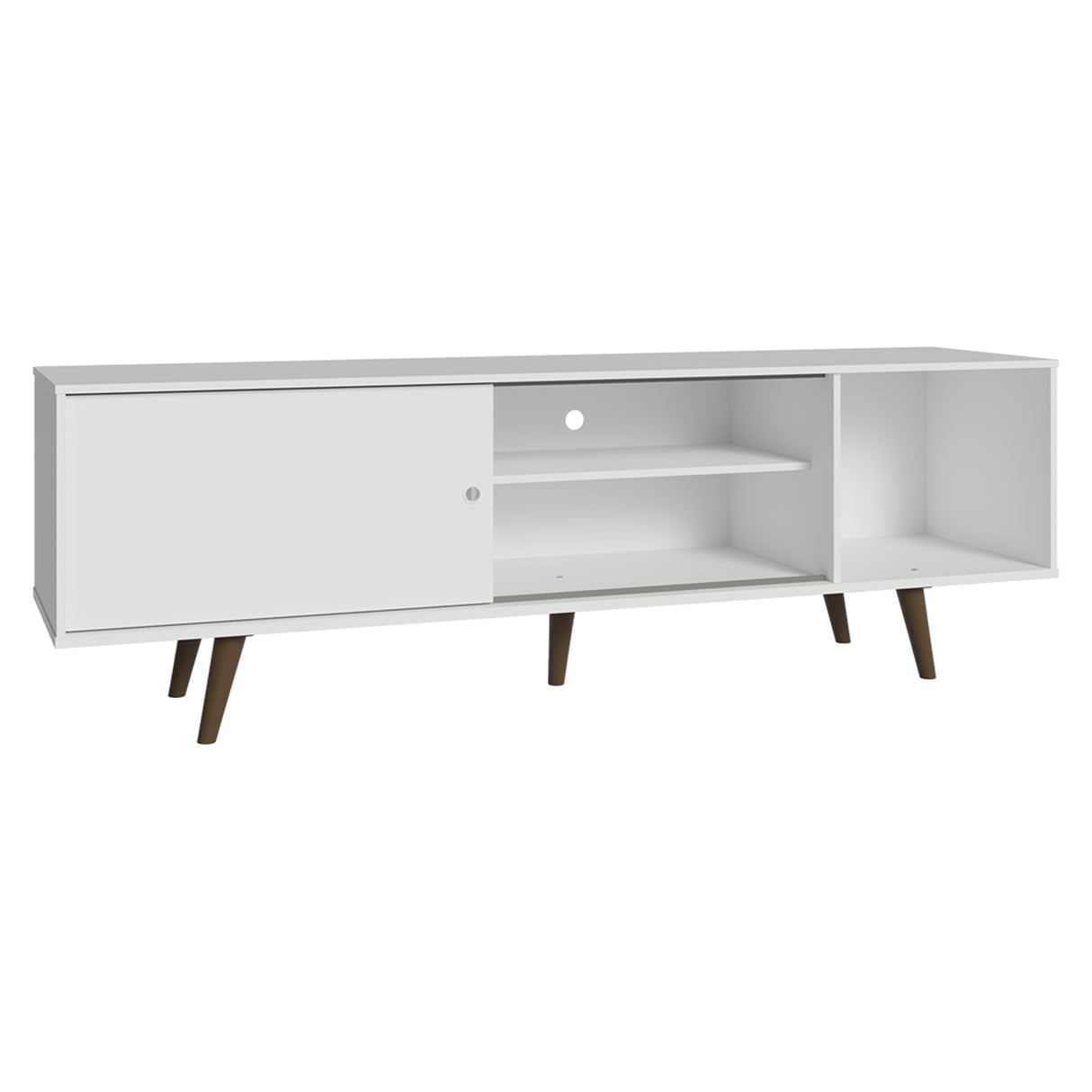 Centro de Entretenimiento Dubai Blanco 160x53cm para TV Hasta 65" Pulgadas con Cuatro Compartimientos y con Patas Marrón