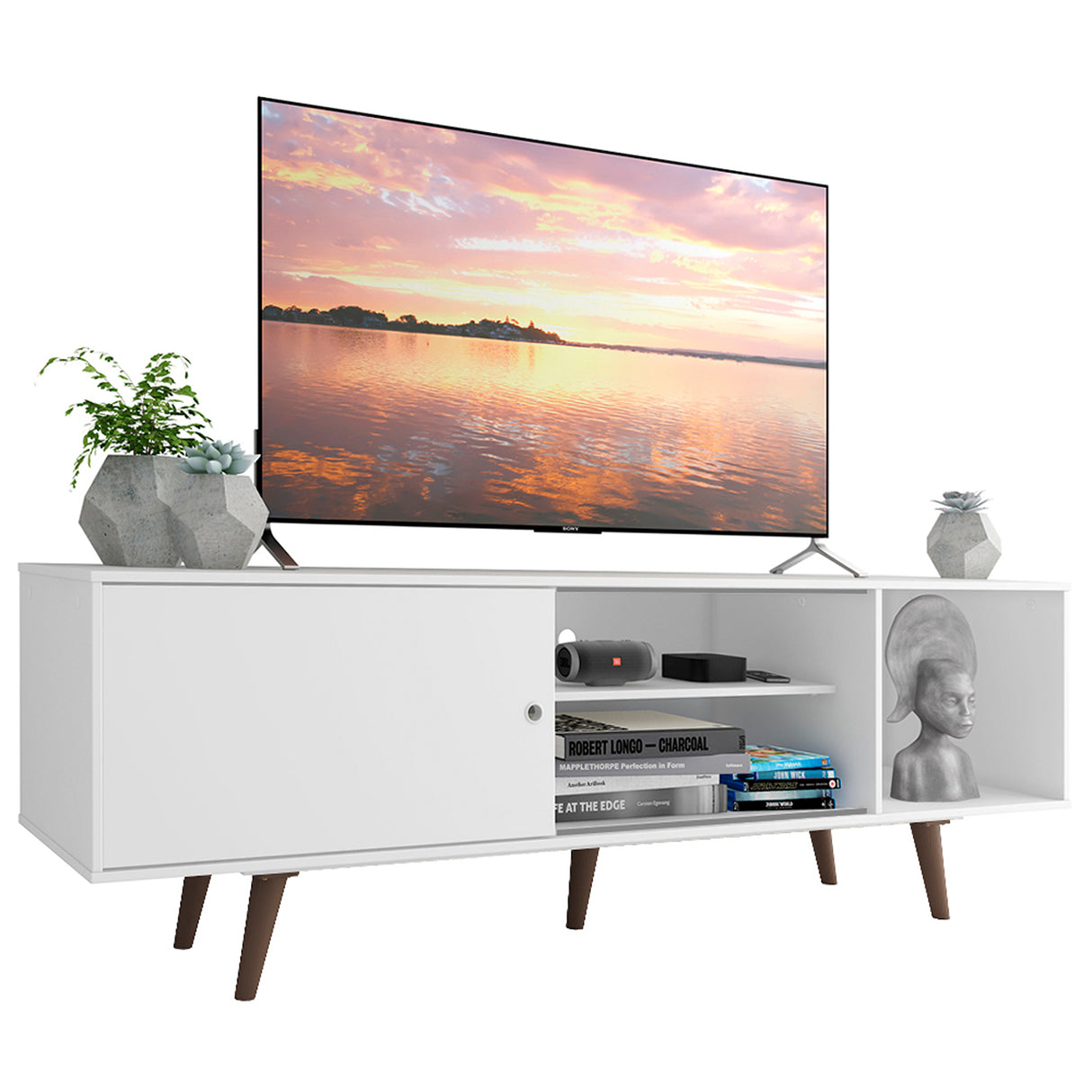 Centro de Entretenimiento Dubai Blanco 160x53cm para TV Hasta 65" Pulgadas con Cuatro Compartimientos y con Patas Marrón