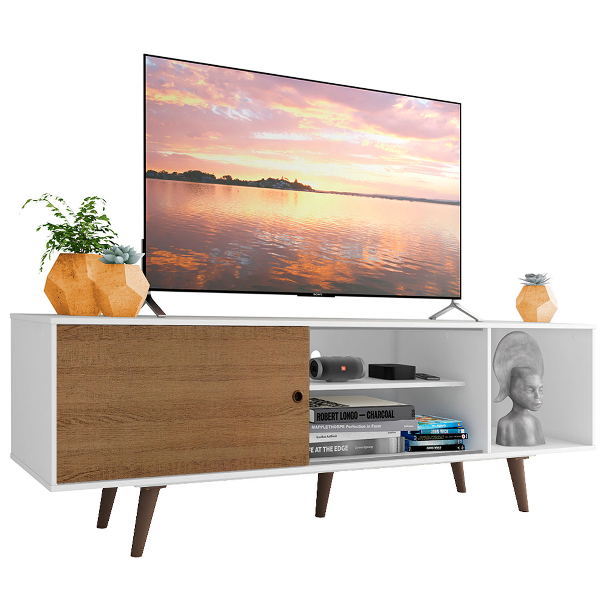 Centro de Entretenimiento Dubai Blanco y Marrón 160x53cm para TV Hasta 65" Pulgadas con Cuatro Compartimientos