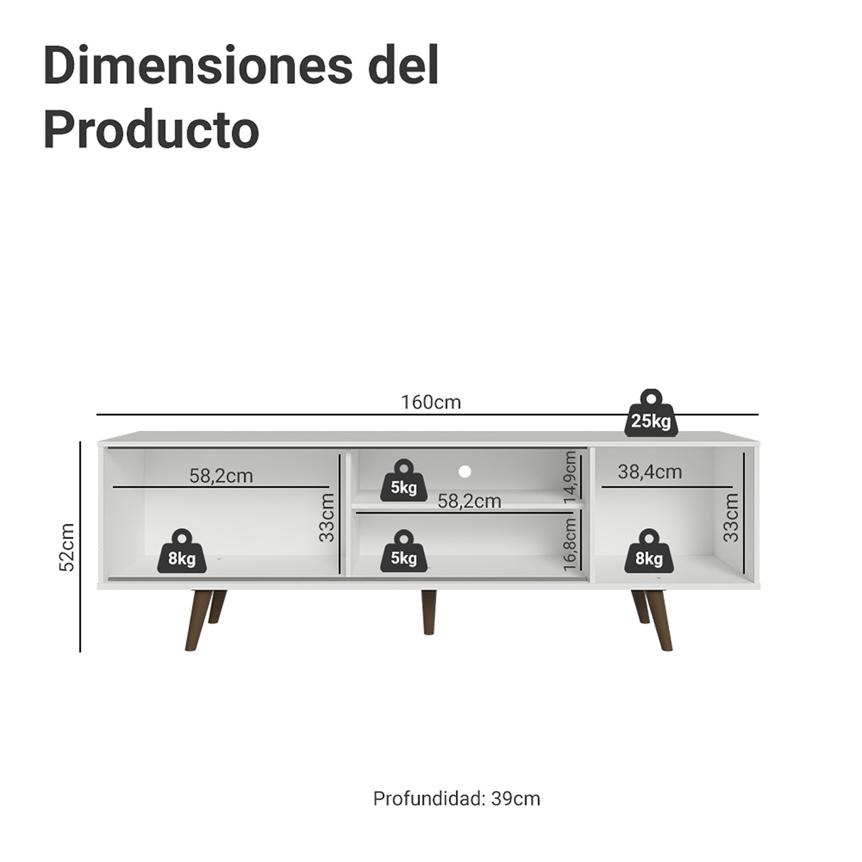 Centro de Entretenimiento Dubai Blanco y Marrón 160x53cm para TV Hasta 65" Pulgadas con Cuatro Compartimientos