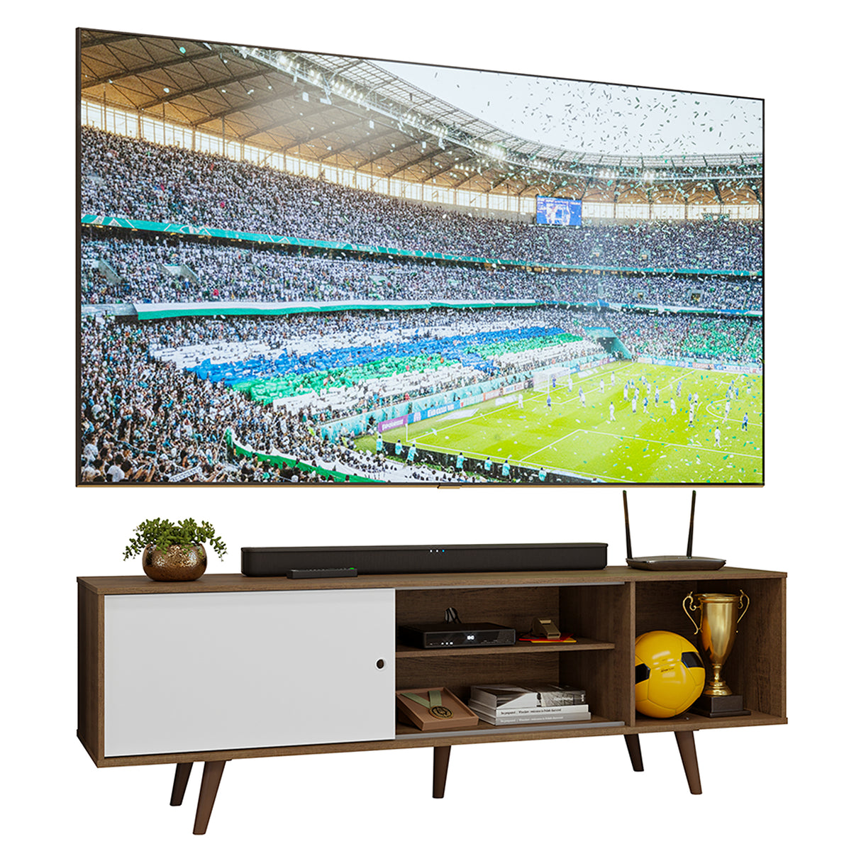 Centro de Entretenimiento Torino Marrón y Blanco 160x53cm para TV Hasta 65" Pulgadas con Cuatro Compartimientos