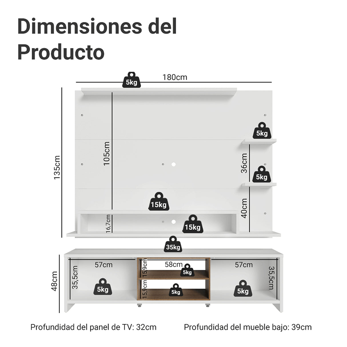 Centro de Entretenimiento Metz Blanco 180x48cm para TV Hasta 60" Pulgadas con Ocho Compartimientos