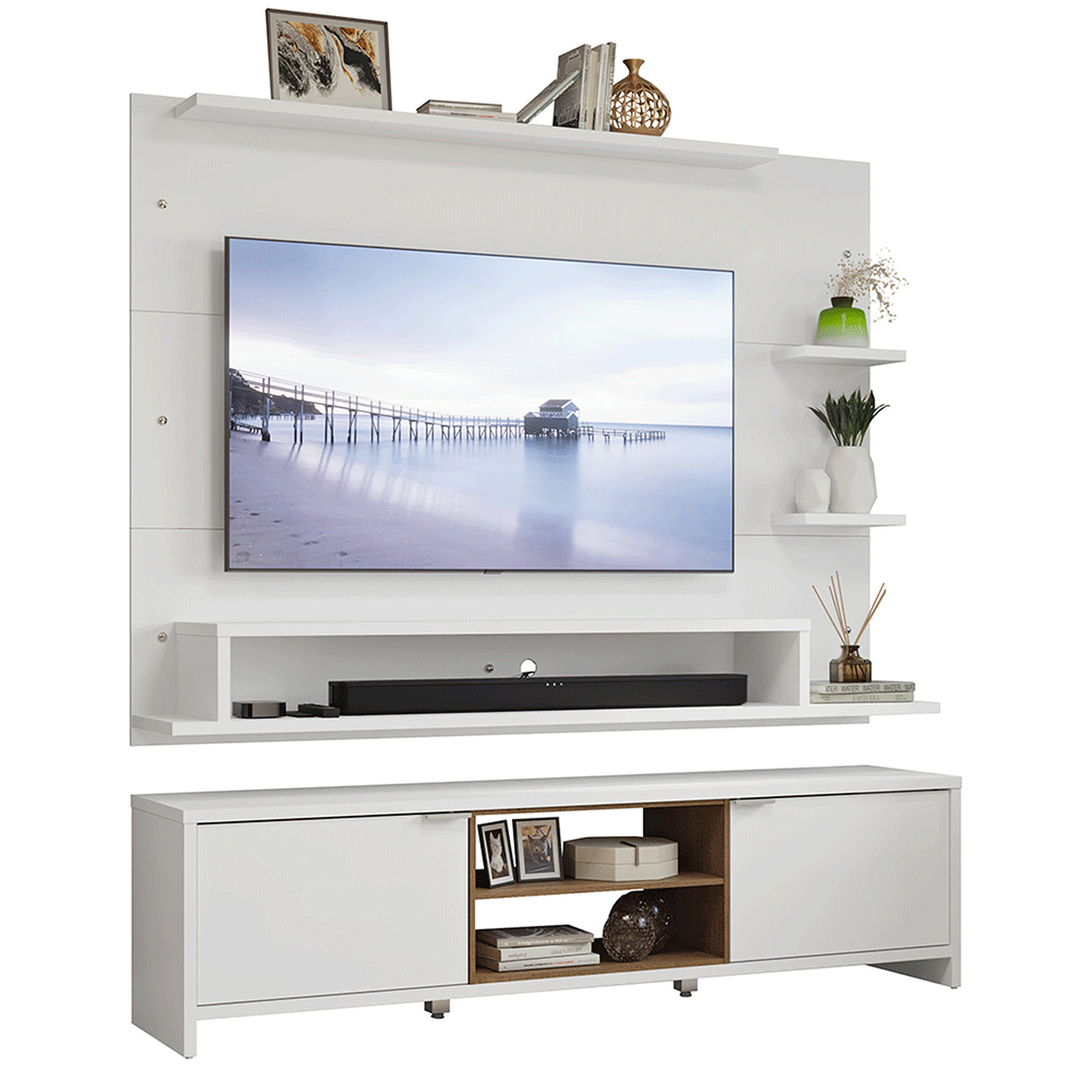 Centro de Entretenimiento Metz Blanco 180x48cm para TV Hasta 60" Pulgadas con Ocho Compartimientos