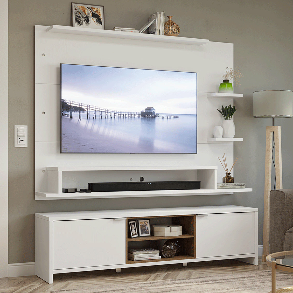Centro de Entretenimiento Metz Blanco 180x48cm para TV Hasta 60" Pulgadas con Ocho Compartimientos