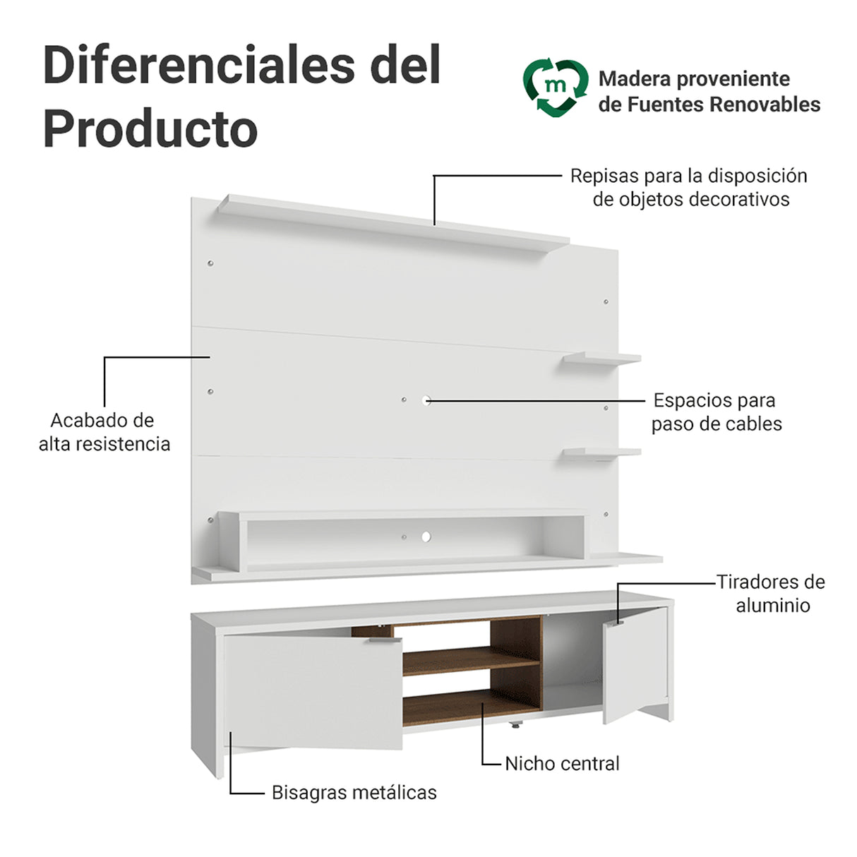 Centro de Entretenimiento Metz Blanco 180x48cm para TV Hasta 60" Pulgadas con Ocho Compartimientos