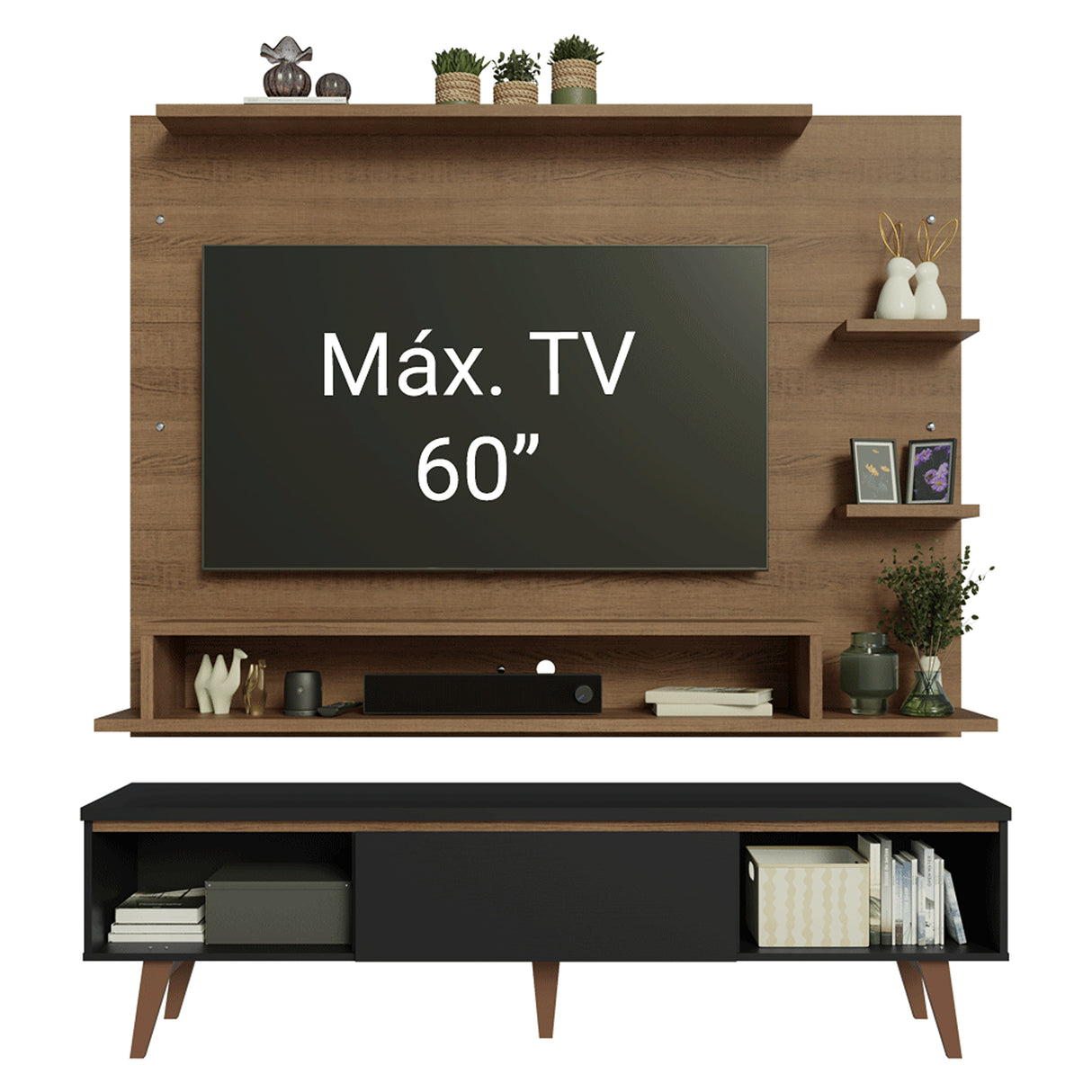 Centro de Entretenimiento Reims Marrón y Negro 180x50cm para TV Hasta 60" Pulgadas con Seis Compartimientos