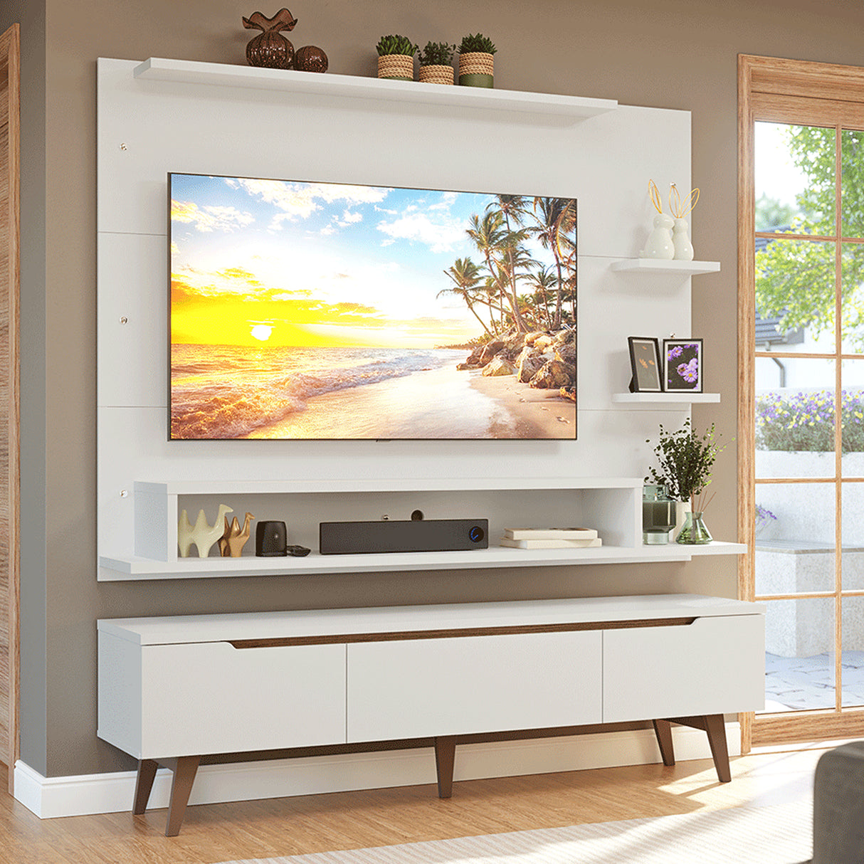 Centro de Entretenimiento Reims Blanco y Marrón 180x50cm para TV Hasta 60" Pulgadas con Seis Compartimientos