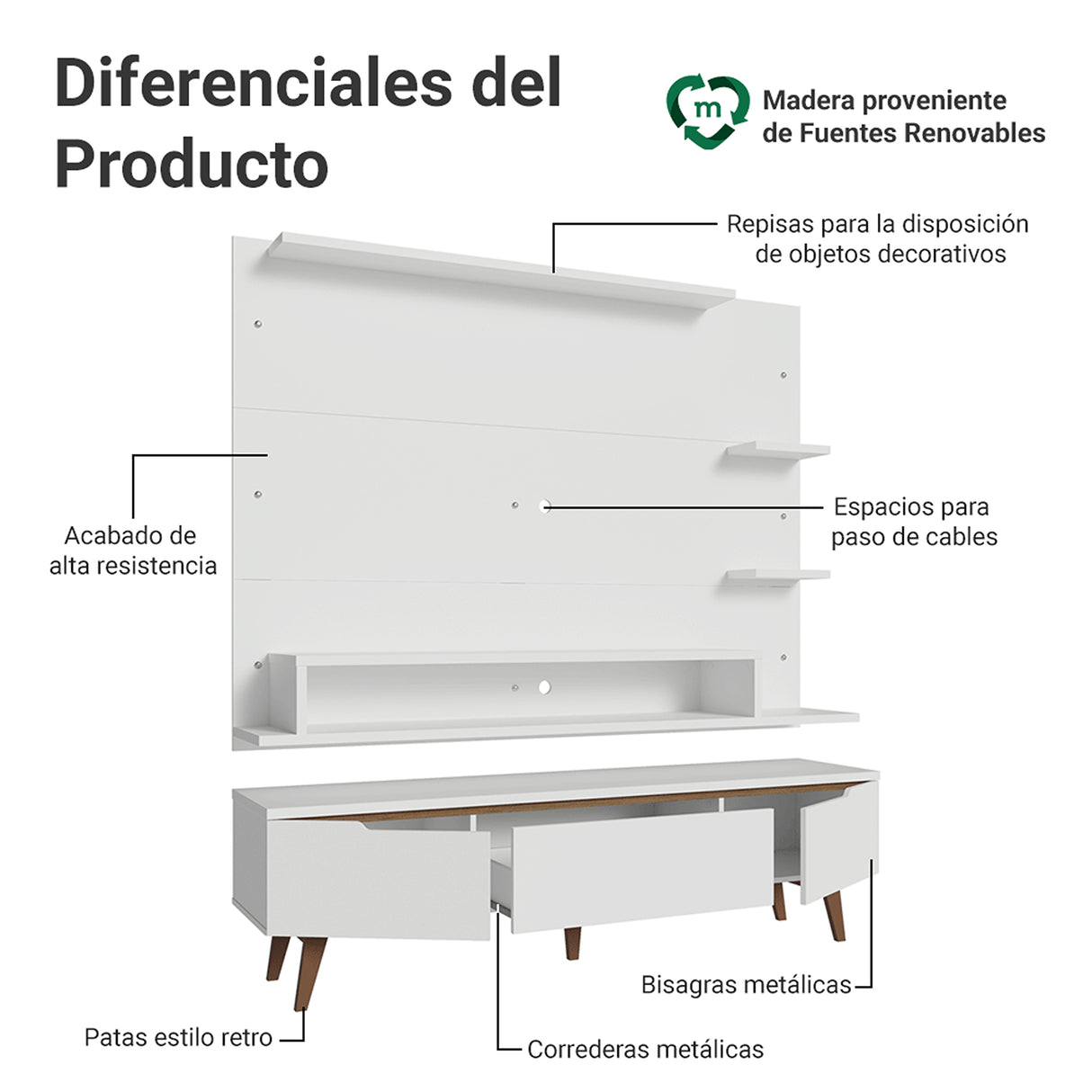 Centro de Entretenimiento Reims Blanco y Marrón 180x50cm para TV Hasta 60" Pulgadas con Seis Compartimientos