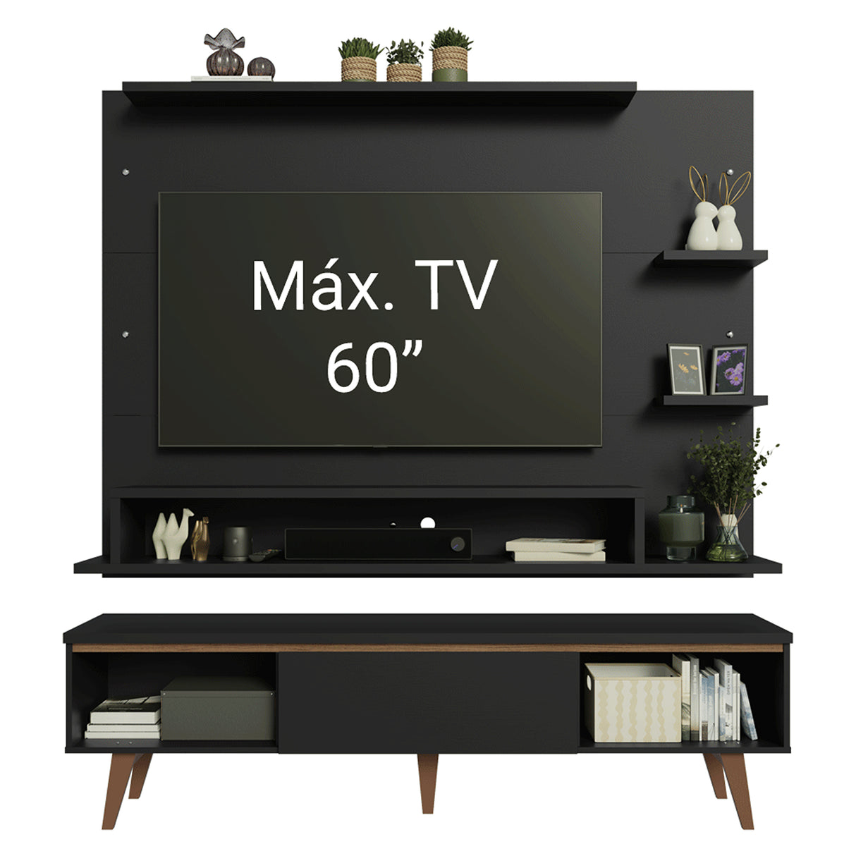 Centro de Entretenimiento Reims Negro y Marrón 180x50cm para TV Hasta 60" Pulgadas con Seis Compartimientos