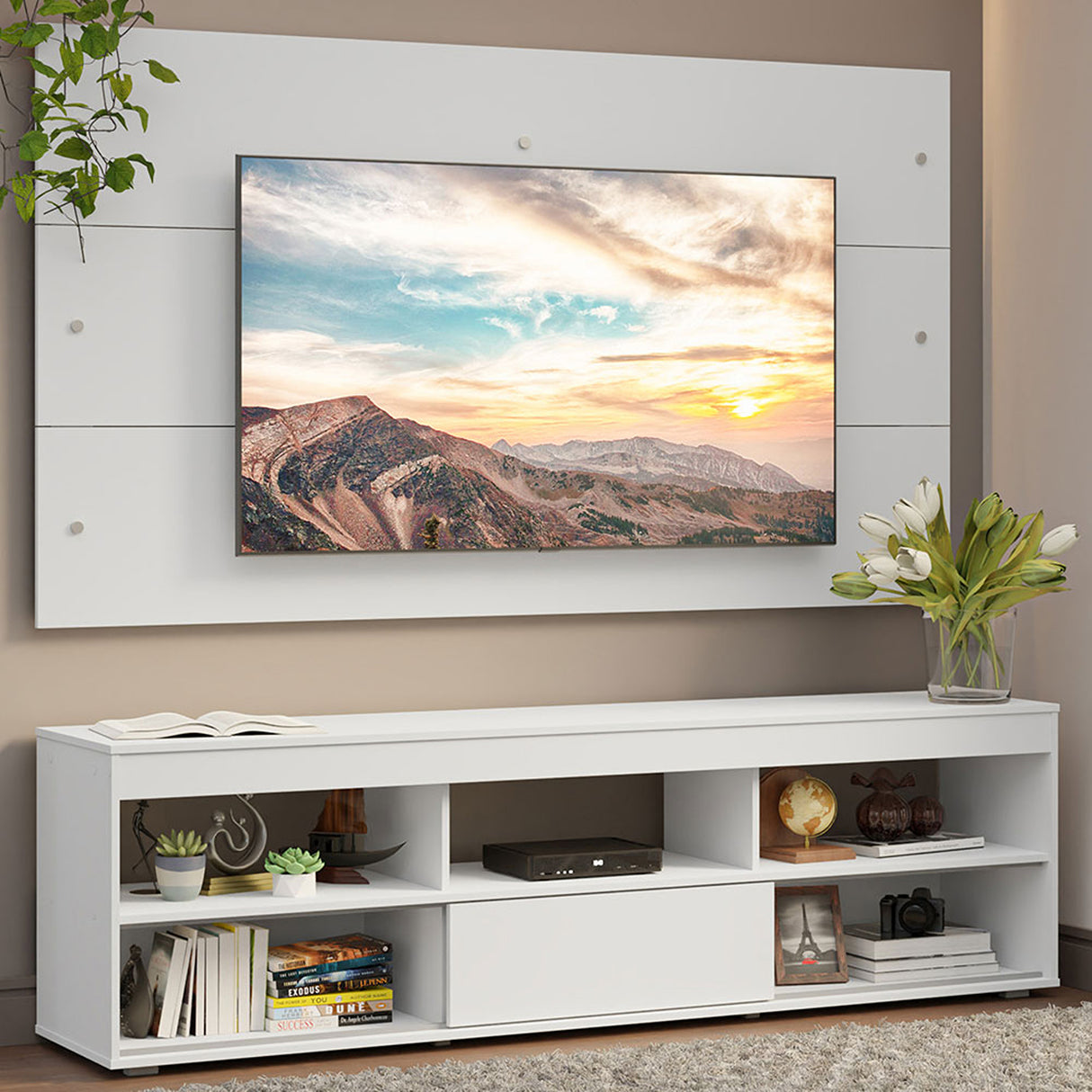 Centro de Entretenimiento Orlando Blanco 160x47cm para TV Hasta 65" Pulgadas con Cinco Compartimientos