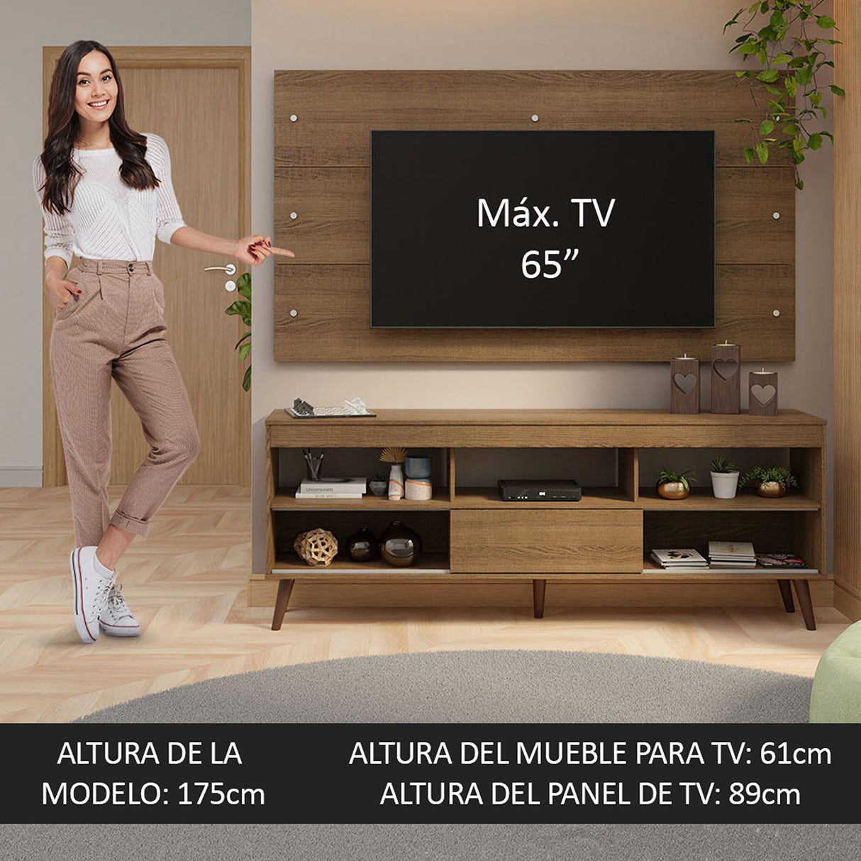 Centro de Entretenimiento Detroit Marrón 160x61cm para TV Hasta 65" Pulgadas con Cinco Compartimientos
