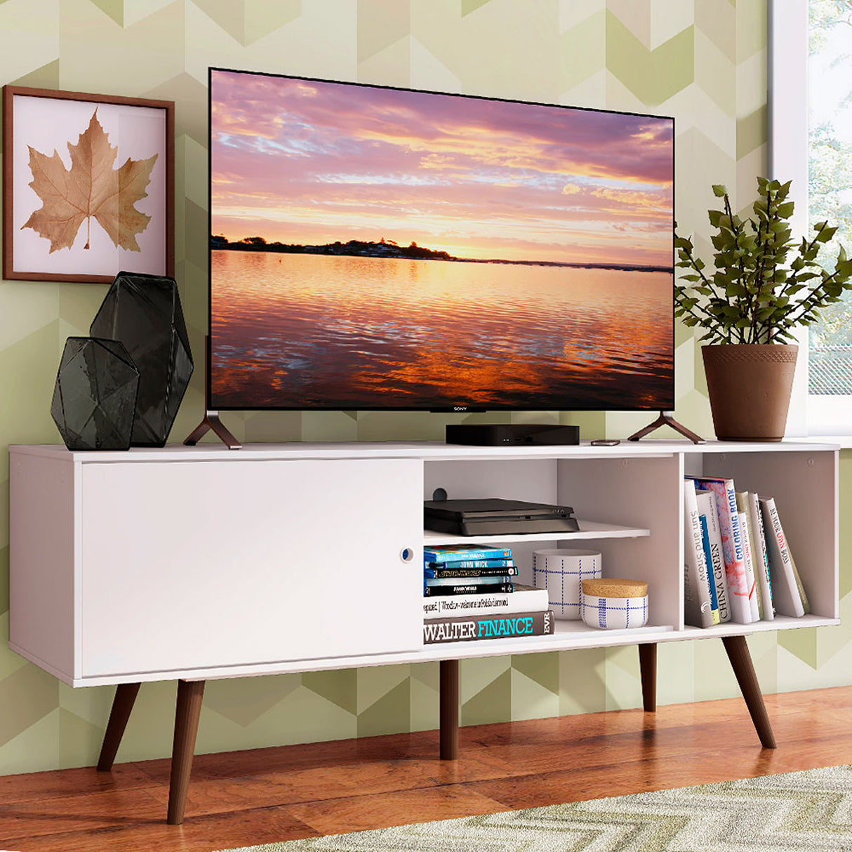 Centro de Entretenimiento Cairo Blanco y Marrón 160x58cm para TV Hasta 65" Pulgadas con Cuatro Compartimientos