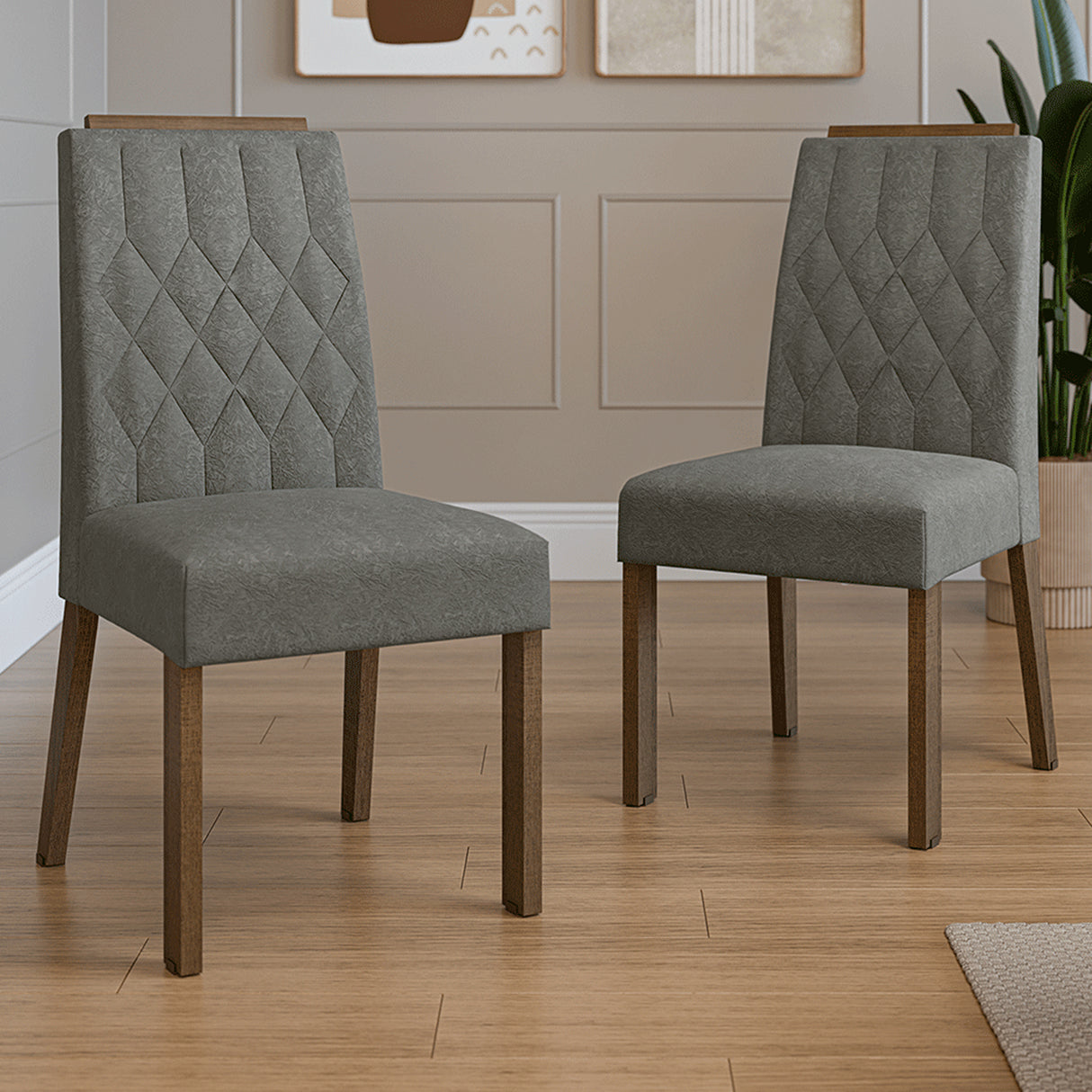 Kit x 2 Sillas para Comedor Marrón y Gris 45x96cm de Asiento Cuadrado con Espaldar de Rombos