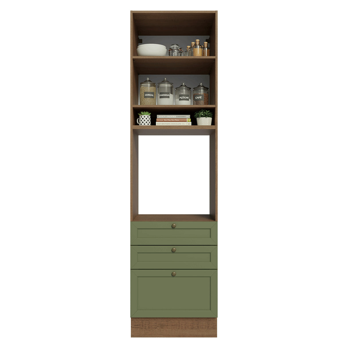 Módulo Para Microondas Vik Marrón y Verde 60x225cm con Una Puerta y con Tres Cajones