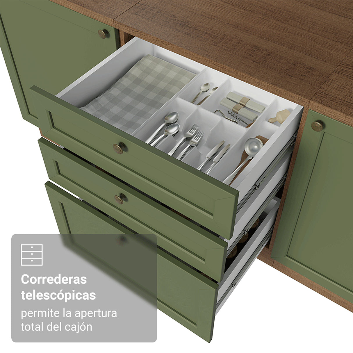 Módulo Para Microondas Vik Marrón y Verde 60x225cm con Una Puerta y con Tres Cajones